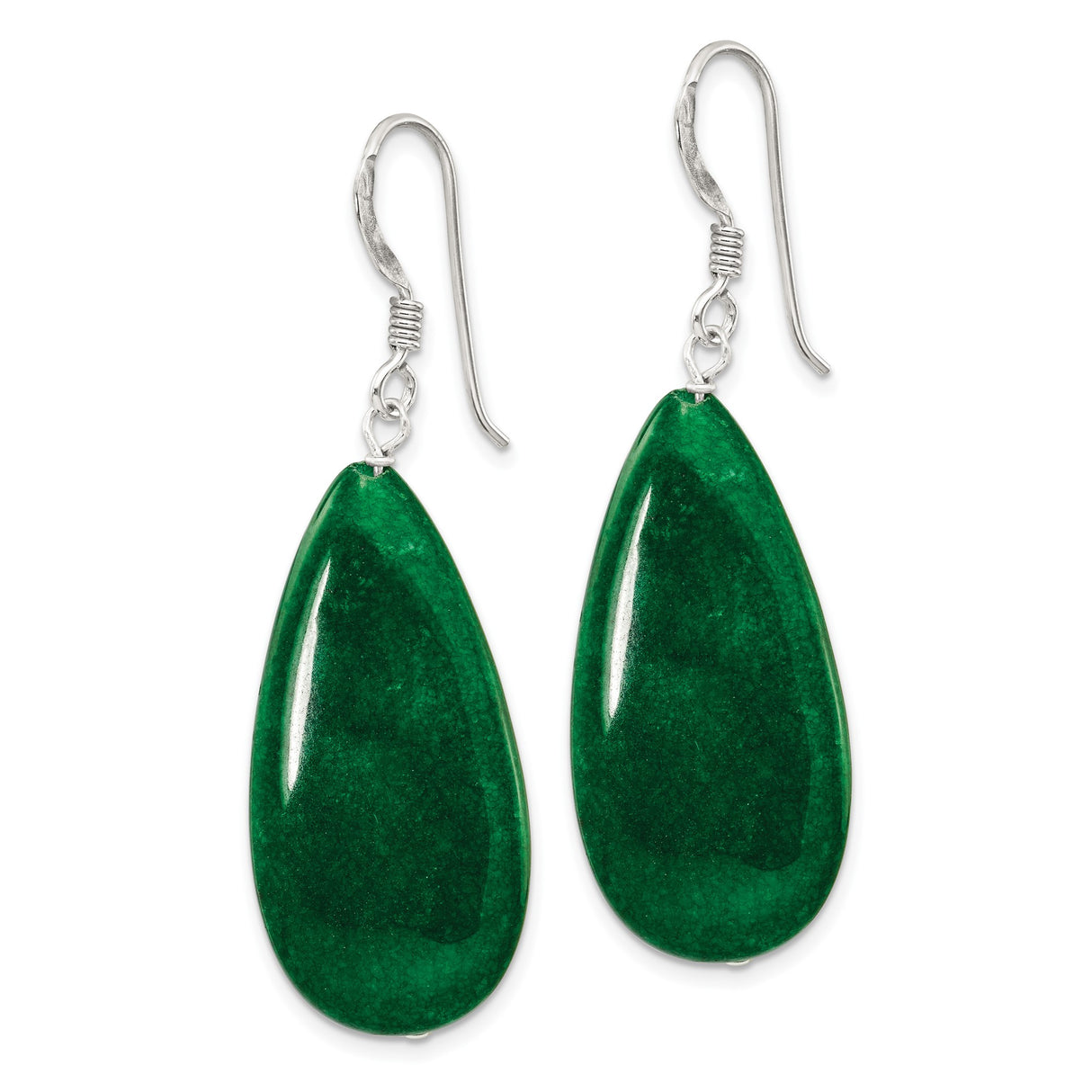 Sterling Silver Drop Earrings with Green Jade, Elongated Teardrop, Minimalist Boho Style