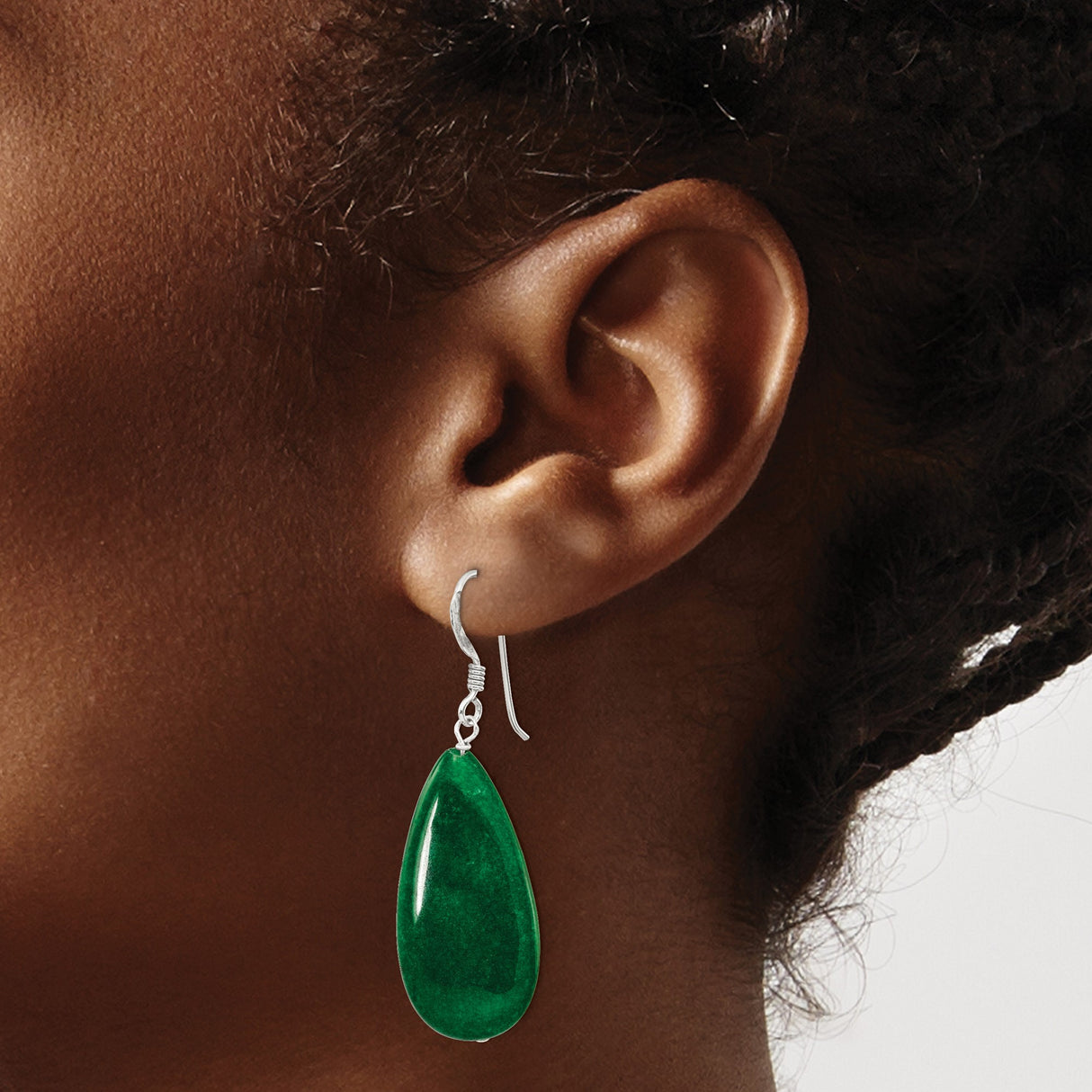 Sterling Silver Drop Earrings with Green Jade, Elongated Teardrop, Minimalist Boho Style