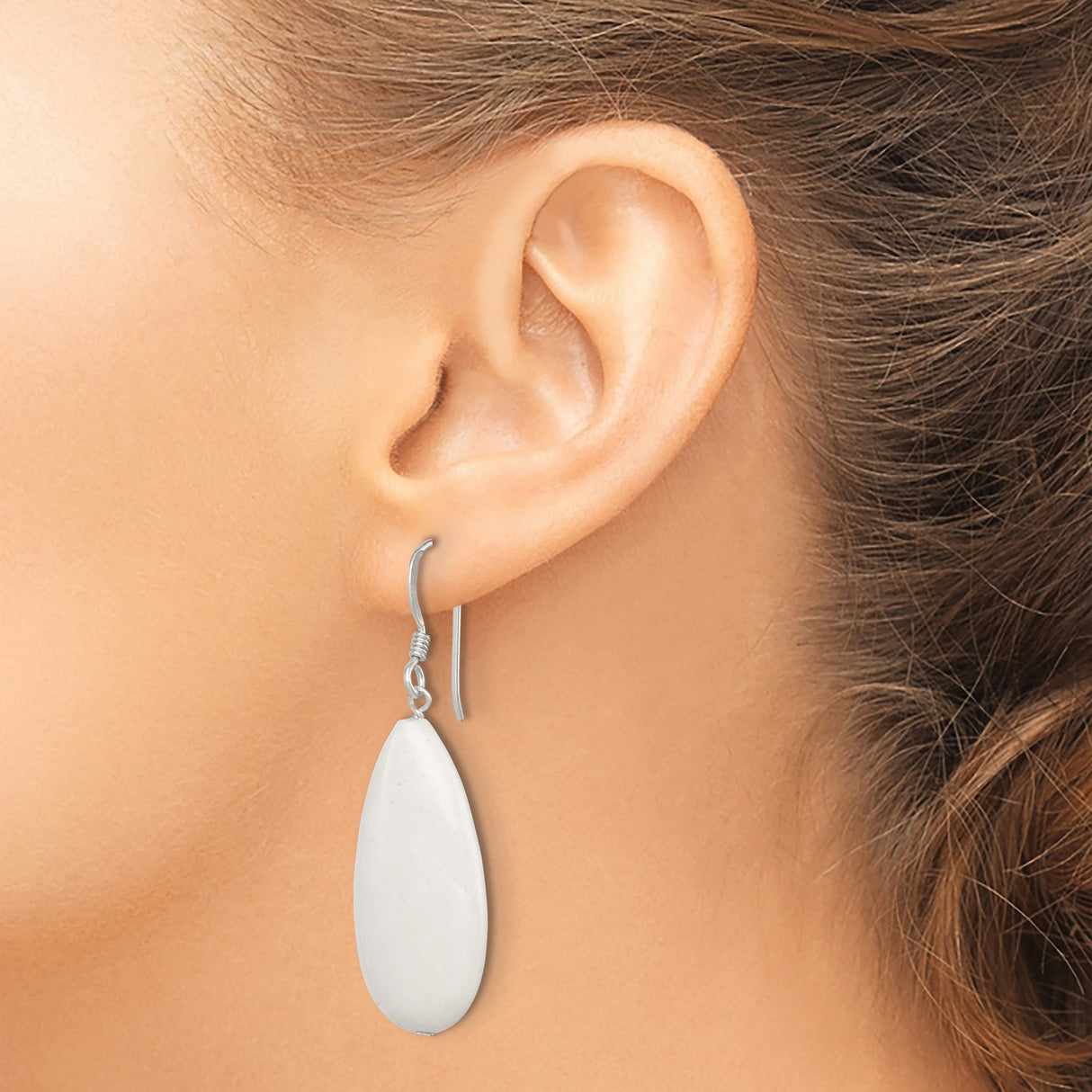 Sterling Silver Teardrop Dangle Earrings with White Jade, Minimalist Lightweight Design for Women