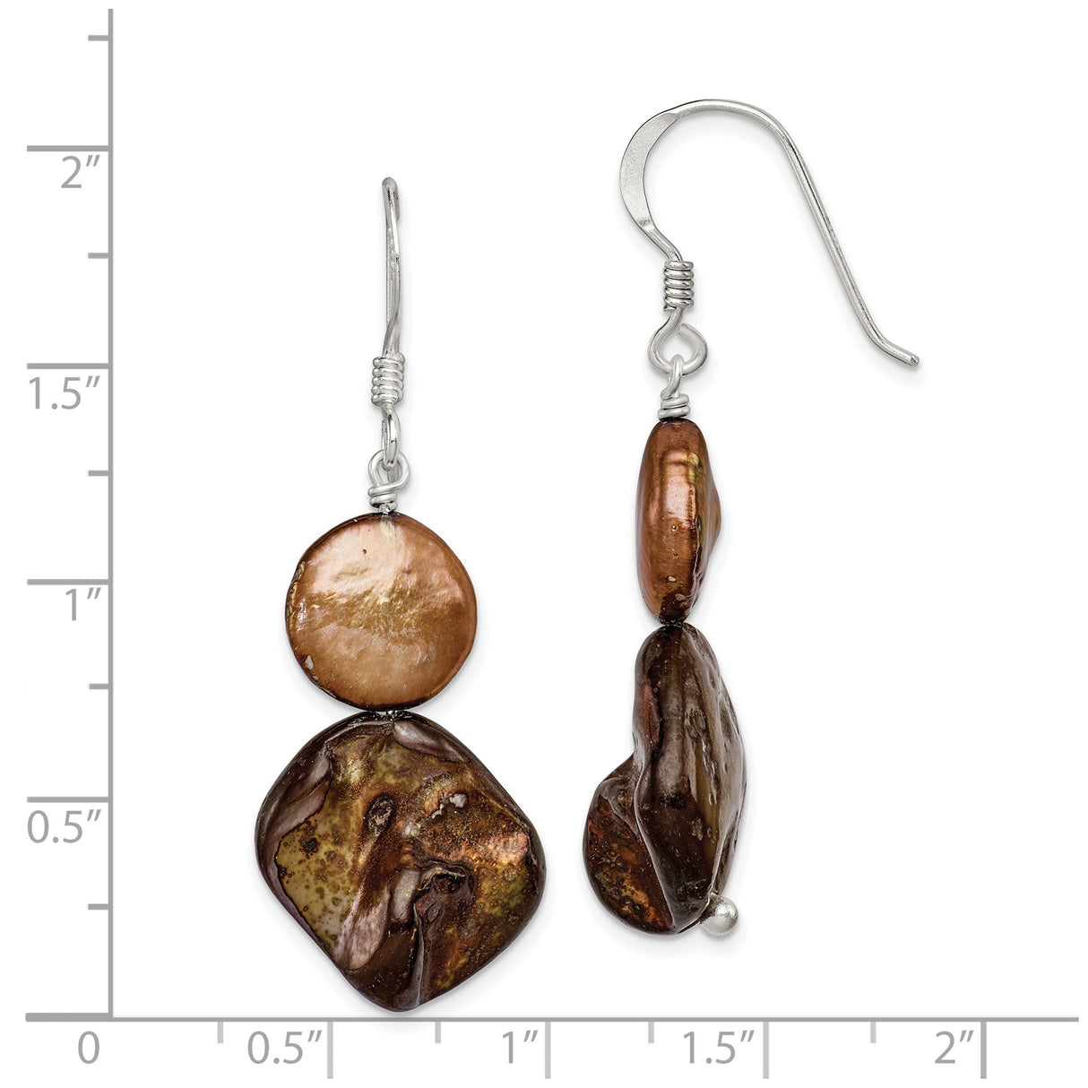 Sterling Silver Dangle Earrings with Brown Freshwater Pearls, Boho Artisan Style