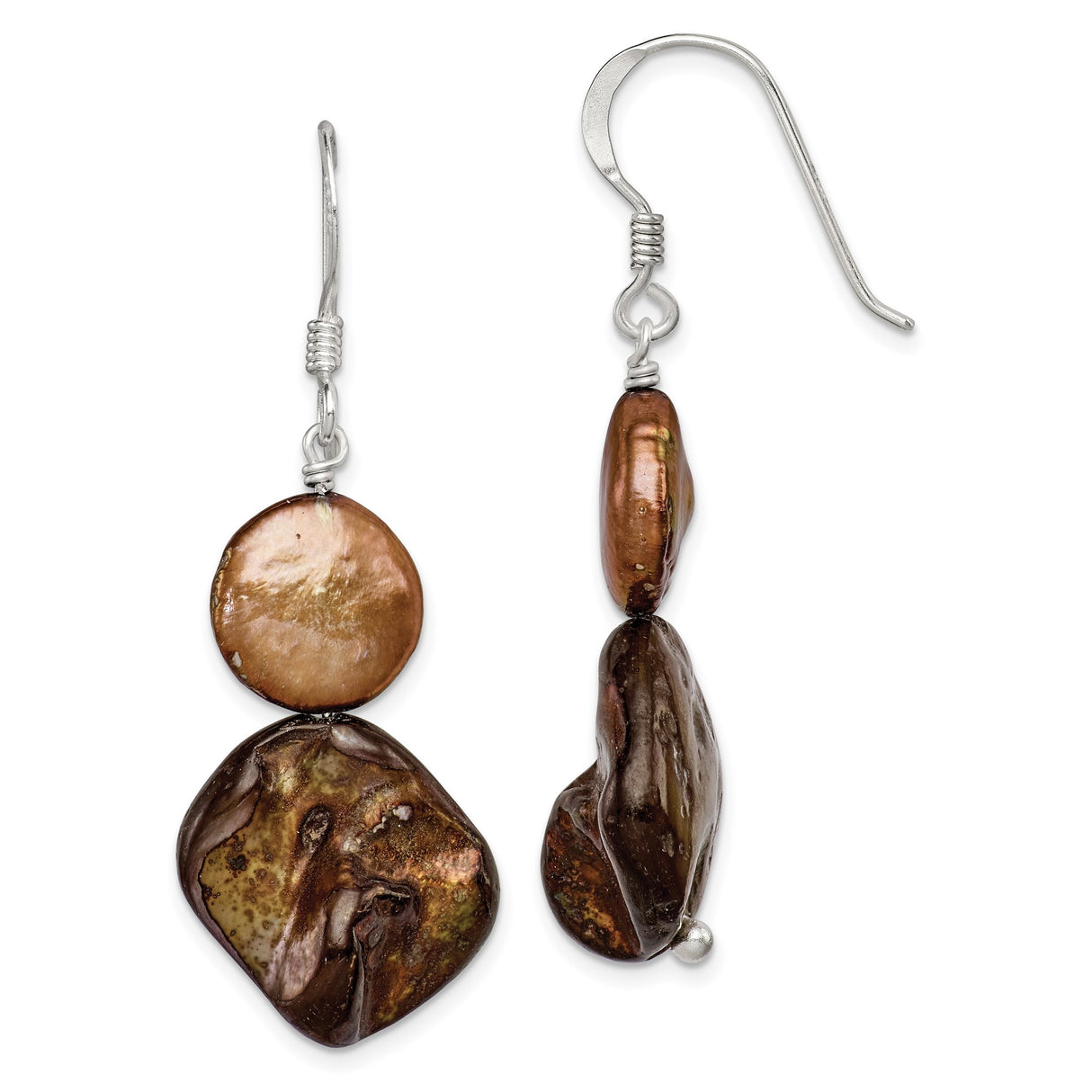 Sterling Silver Dangle Earrings with Brown Freshwater Pearls, Boho Artisan Style