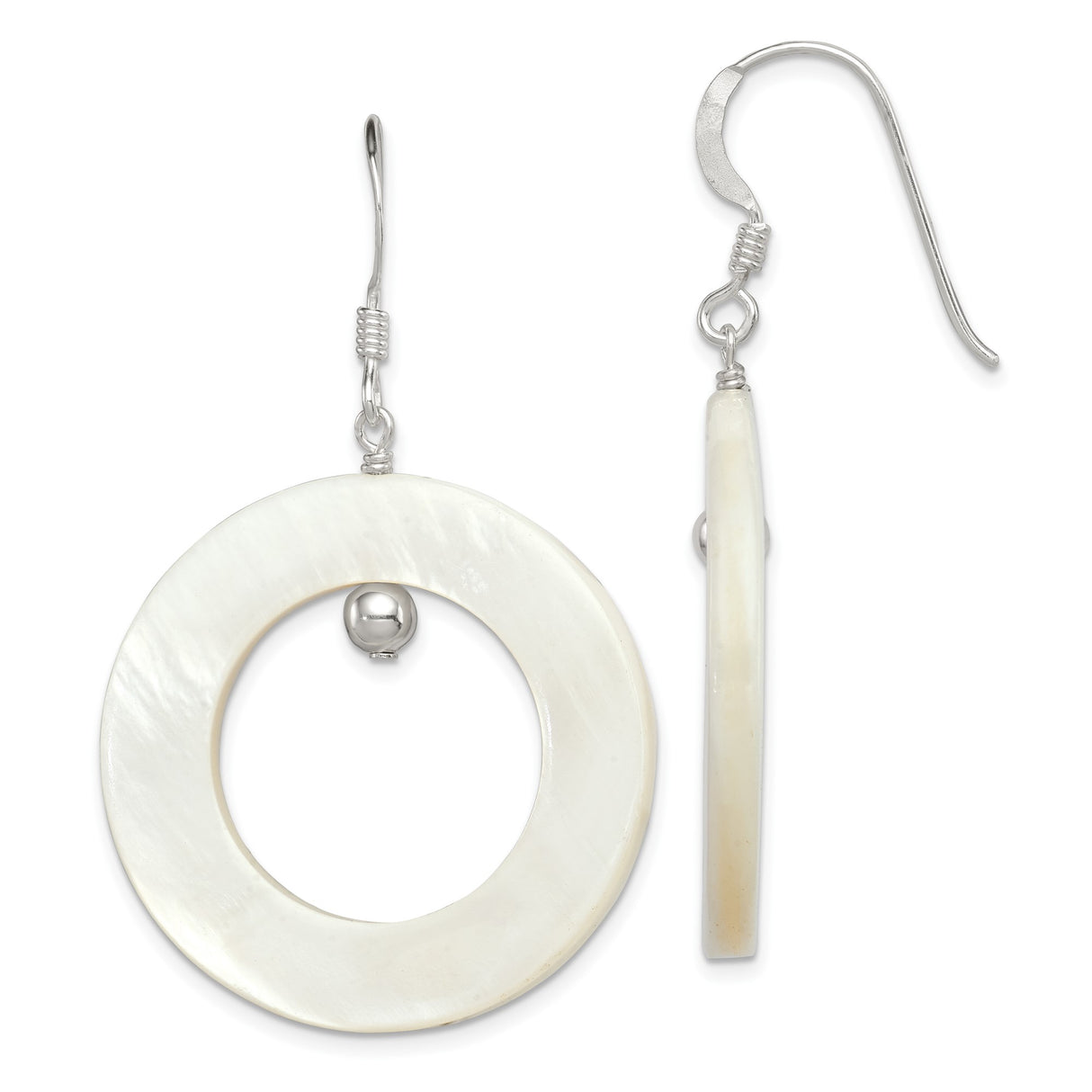 Sterling Silver Dangle Earrings with White Mother of Pearl Inlay and Open Hoop Design
