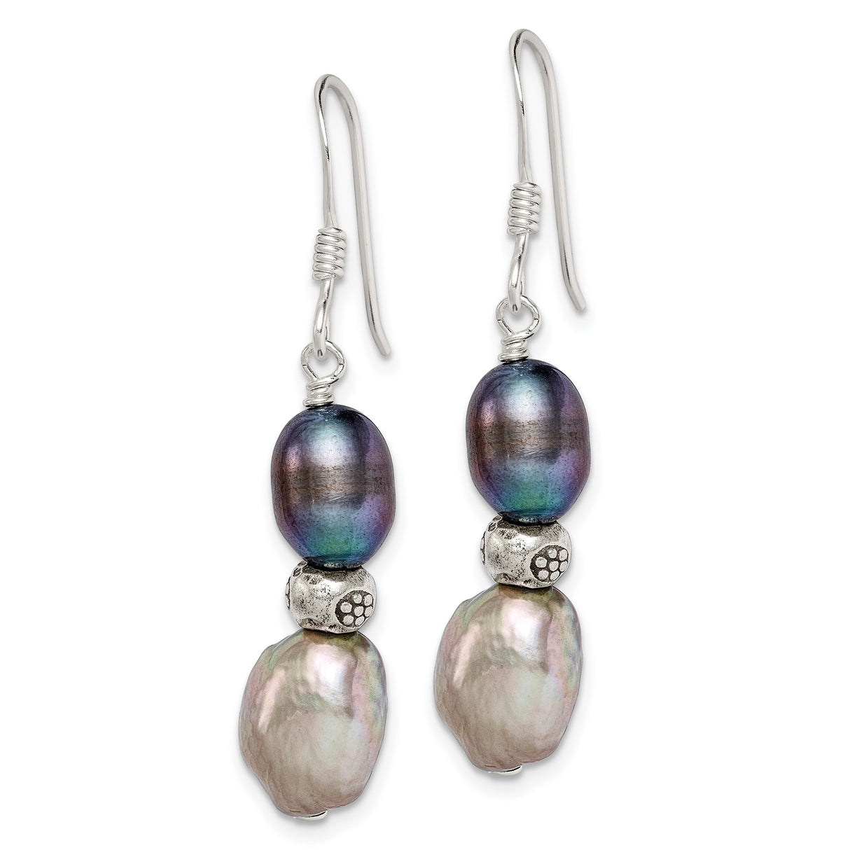 Sterling Silver Dangle Earrings with Freshwater Pearls, Textured Beads and Floral Accents