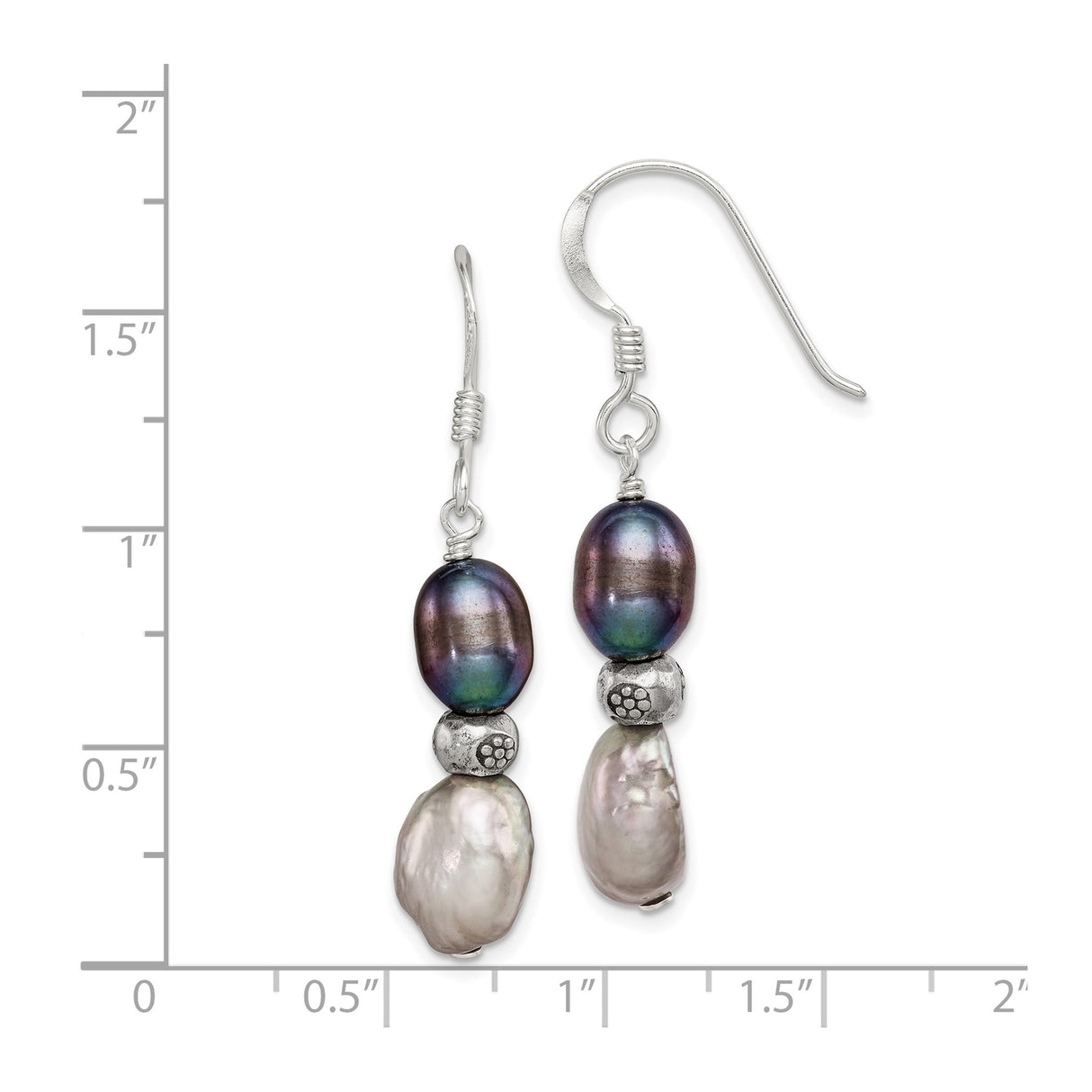 Sterling Silver Dangle Earrings with Freshwater Pearls, Textured Beads and Floral Accents