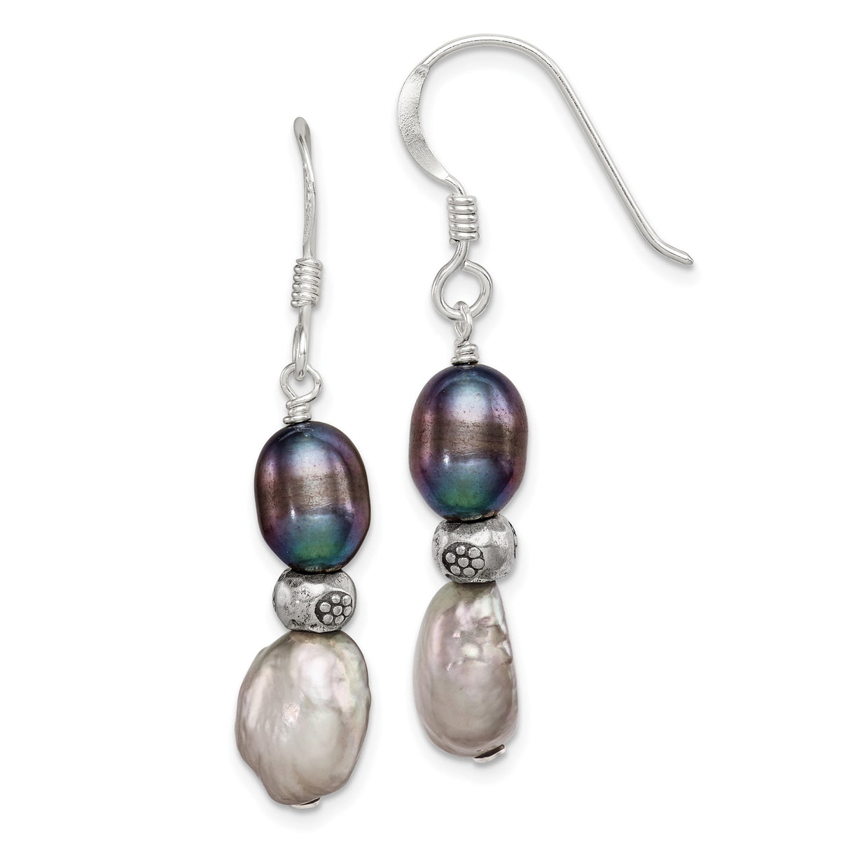 Sterling Silver Dangle Earrings with Freshwater Pearls, Textured Beads and Floral Accents