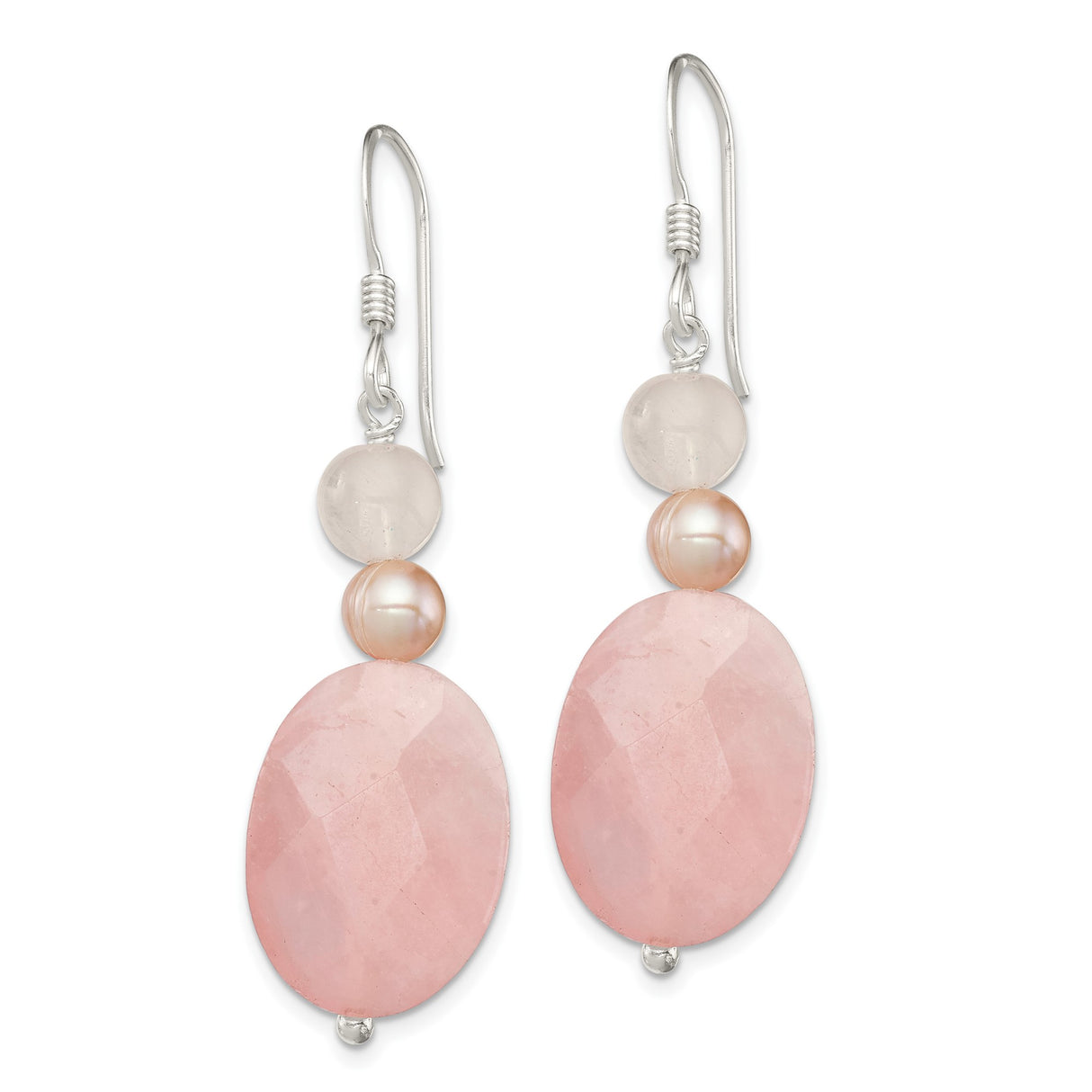 Sterling Silver Dangle Earrings with Rose Quartz and Pink Freshwater Pearls