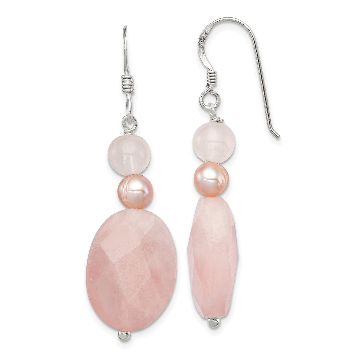Sterling Silver Dangle Earrings with Rose Quartz and Pink Freshwater Pearls