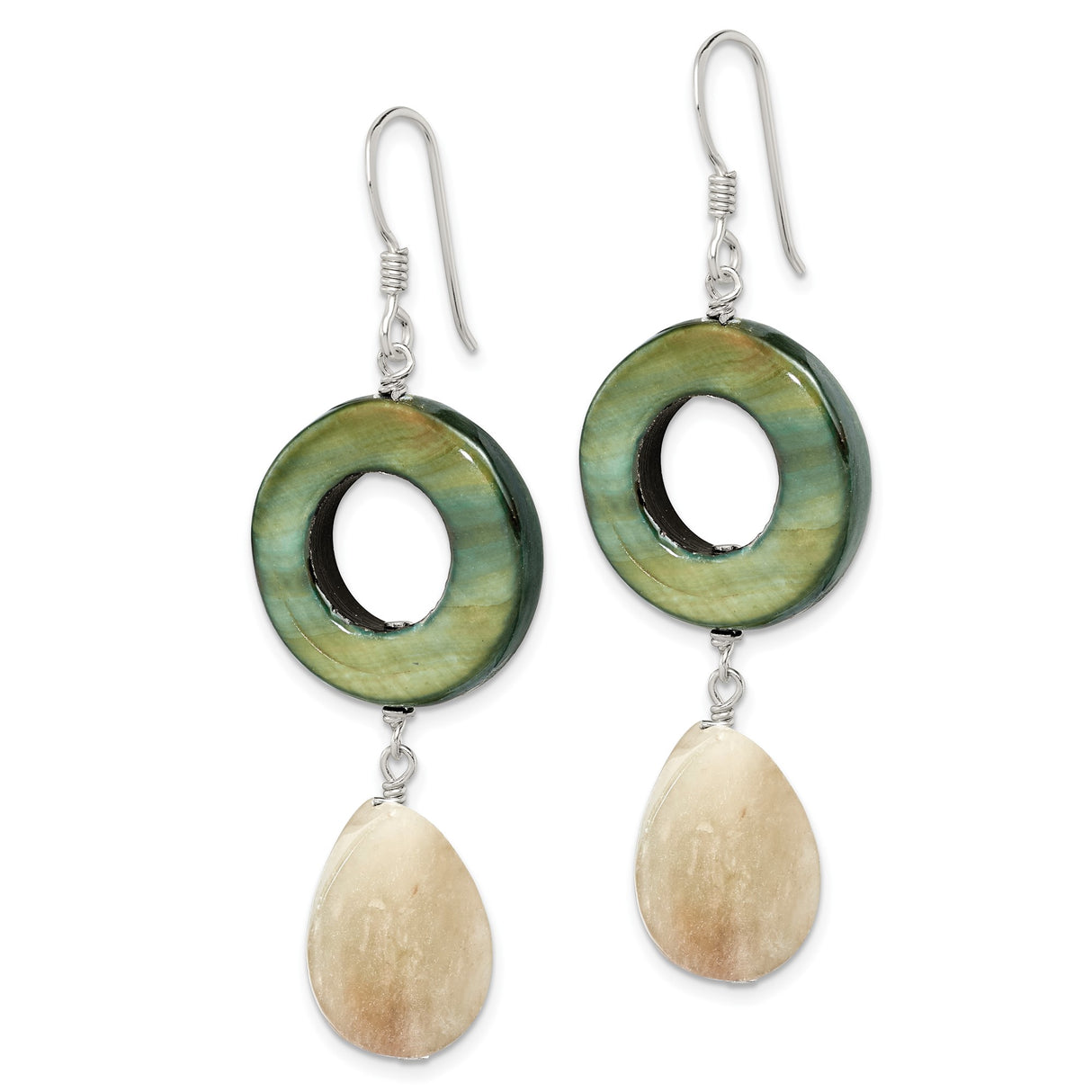 Sterling Silver Drop Earrings with Mother of Pearl, Jade, and Asymmetrical Boho Accents