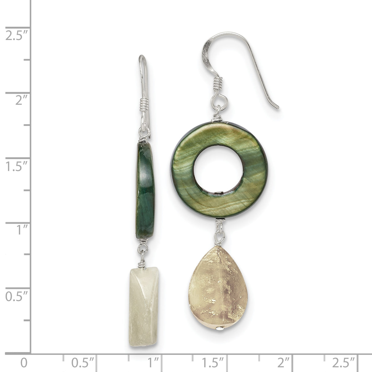 Sterling Silver Drop Earrings with Mother of Pearl, Jade, and Asymmetrical Boho Accents