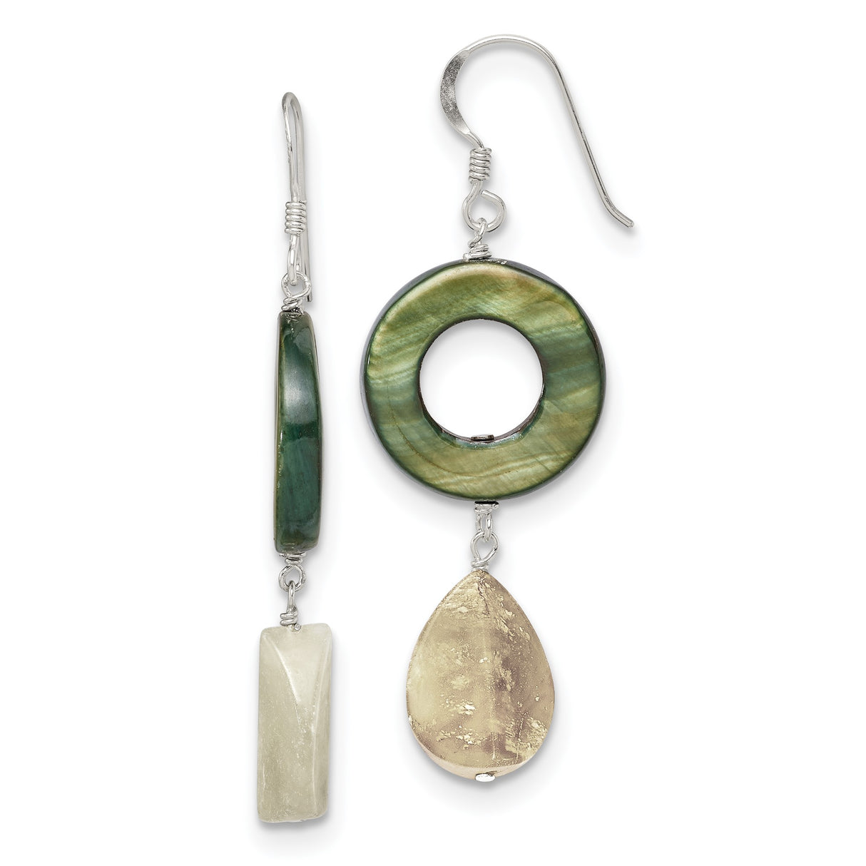 Sterling Silver Drop Earrings with Mother of Pearl, Jade, and Asymmetrical Boho Accents
