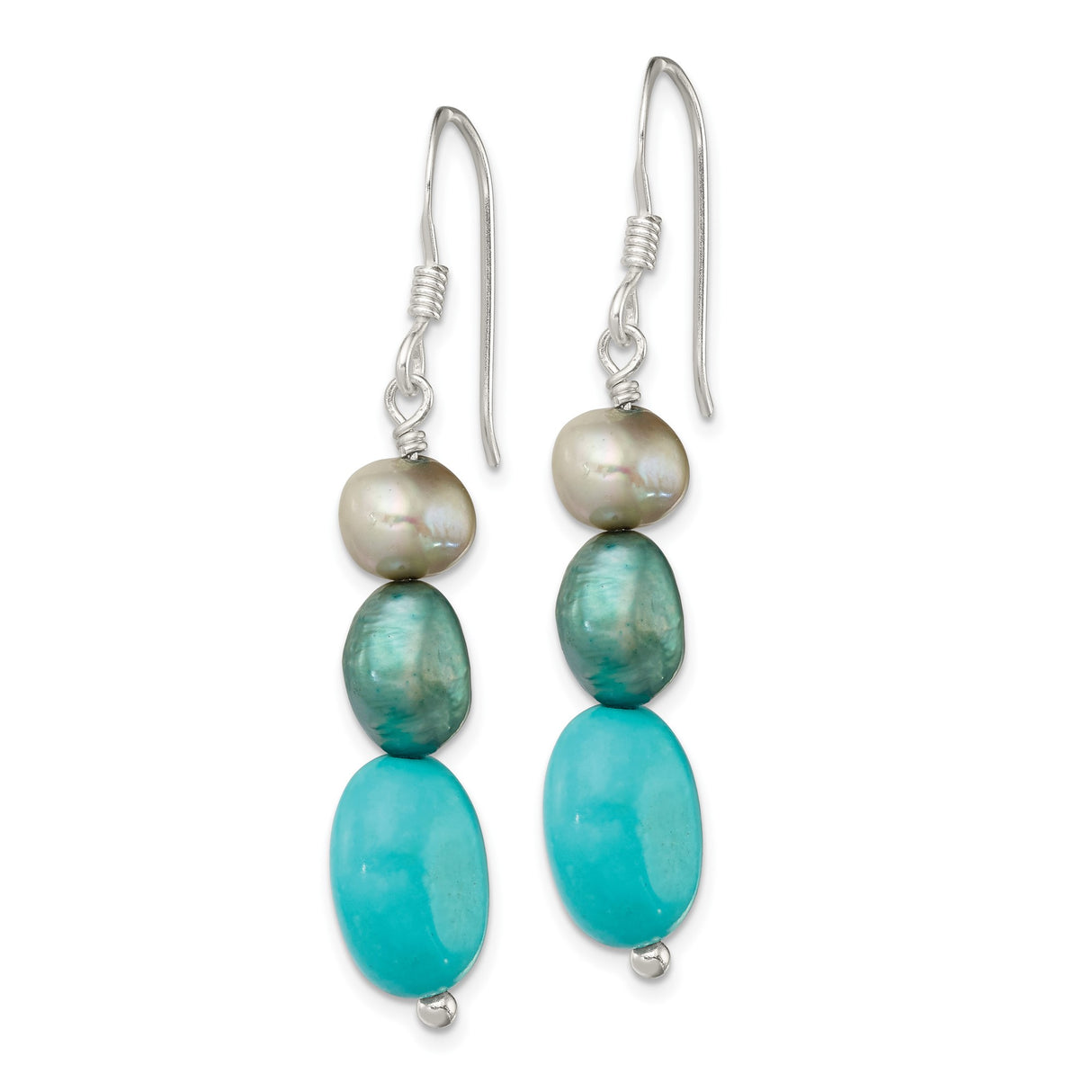 Sterling Silver Dangle Earrings with Freshwater Pearls and Turquoise, Boho Coastal Style