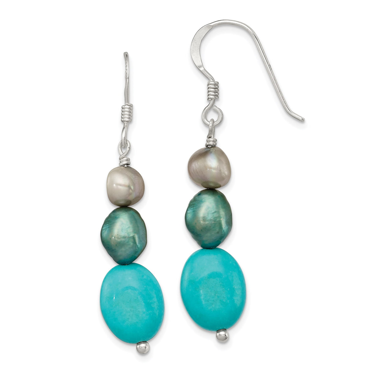 Sterling Silver Dangle Earrings with Freshwater Pearls and Turquoise, Boho Coastal Style