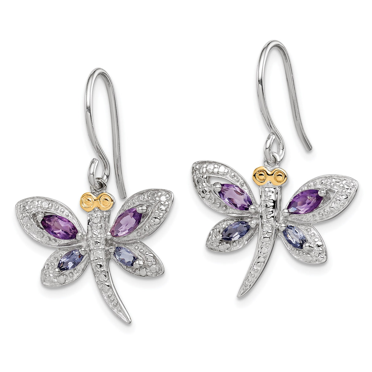 Sterling Silver Dragonfly Dangle Earrings with Amethyst and Diamond, Nature Theme, Yellow Gold Accents