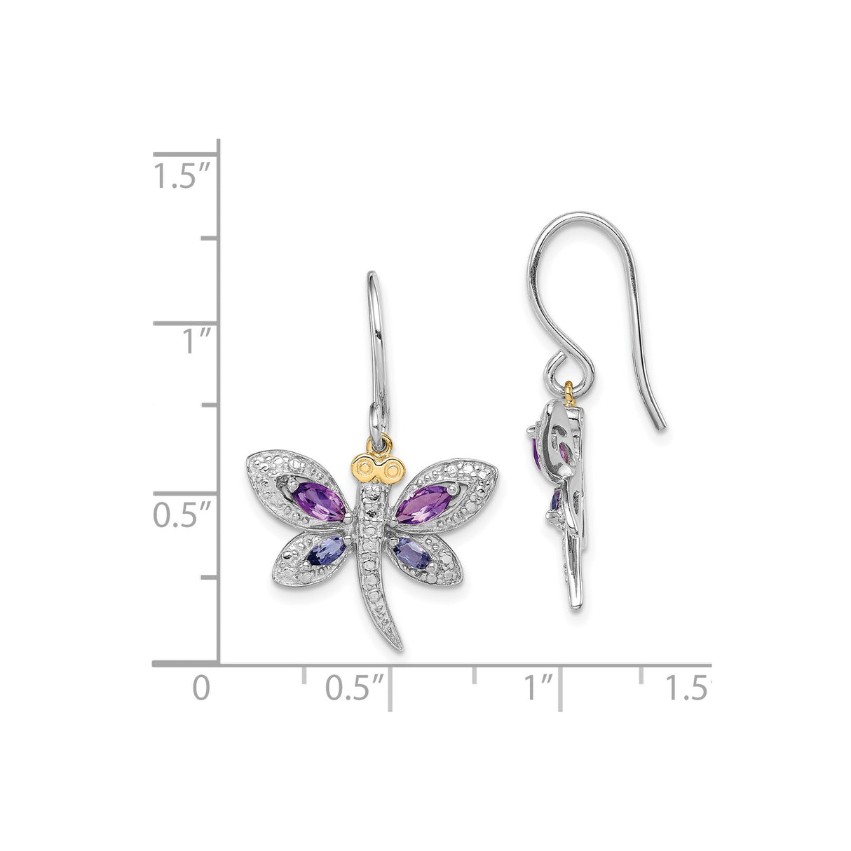 Sterling Silver Dragonfly Dangle Earrings with Amethyst and Diamond, Nature Theme, Yellow Gold Accents