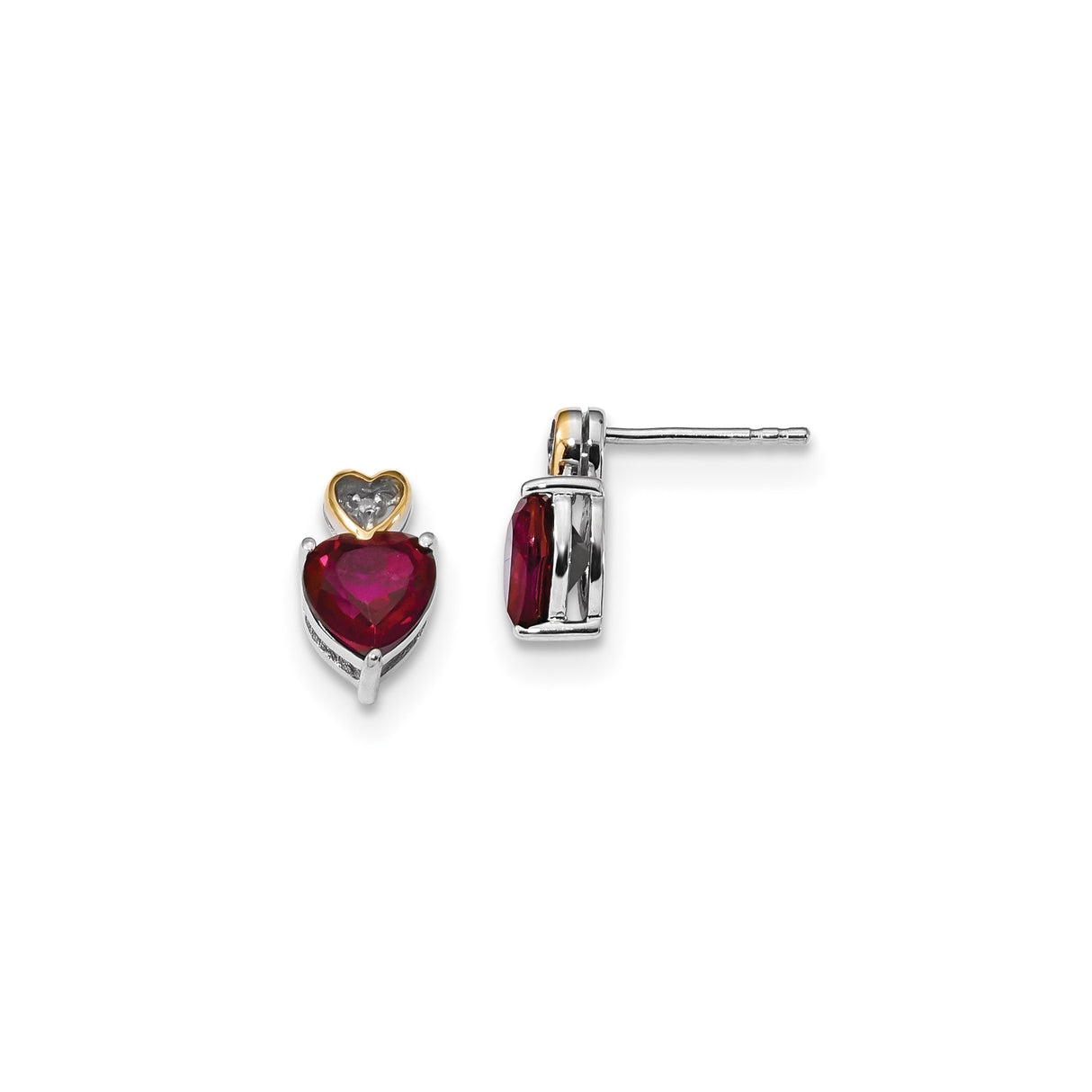 Sterling Silver Heart Shaped Stud Earrings with Red Topaz and Diamond Accents