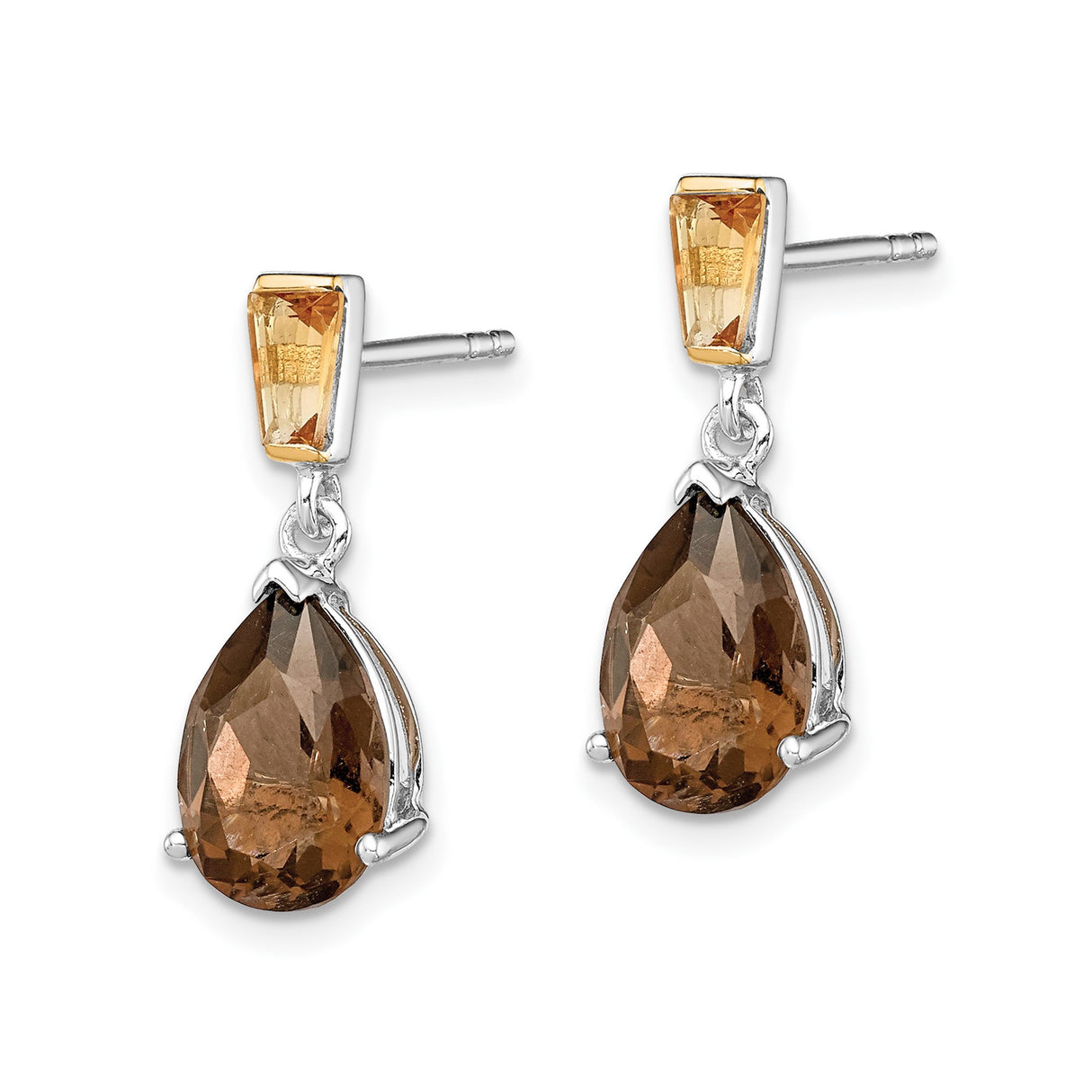 Sterling Silver Dangle Earrings with Smoky Quartz and Citrine, Faceted Gemstone Drop Design