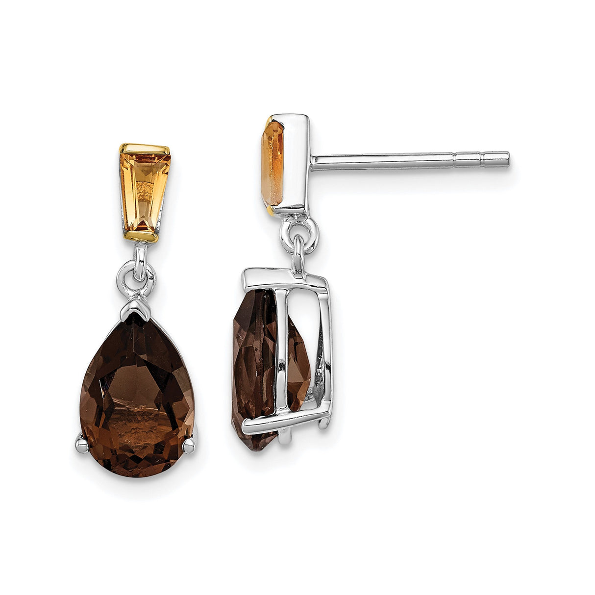 Sterling Silver Dangle Earrings with Smoky Quartz and Citrine, Faceted Gemstone Drop Design