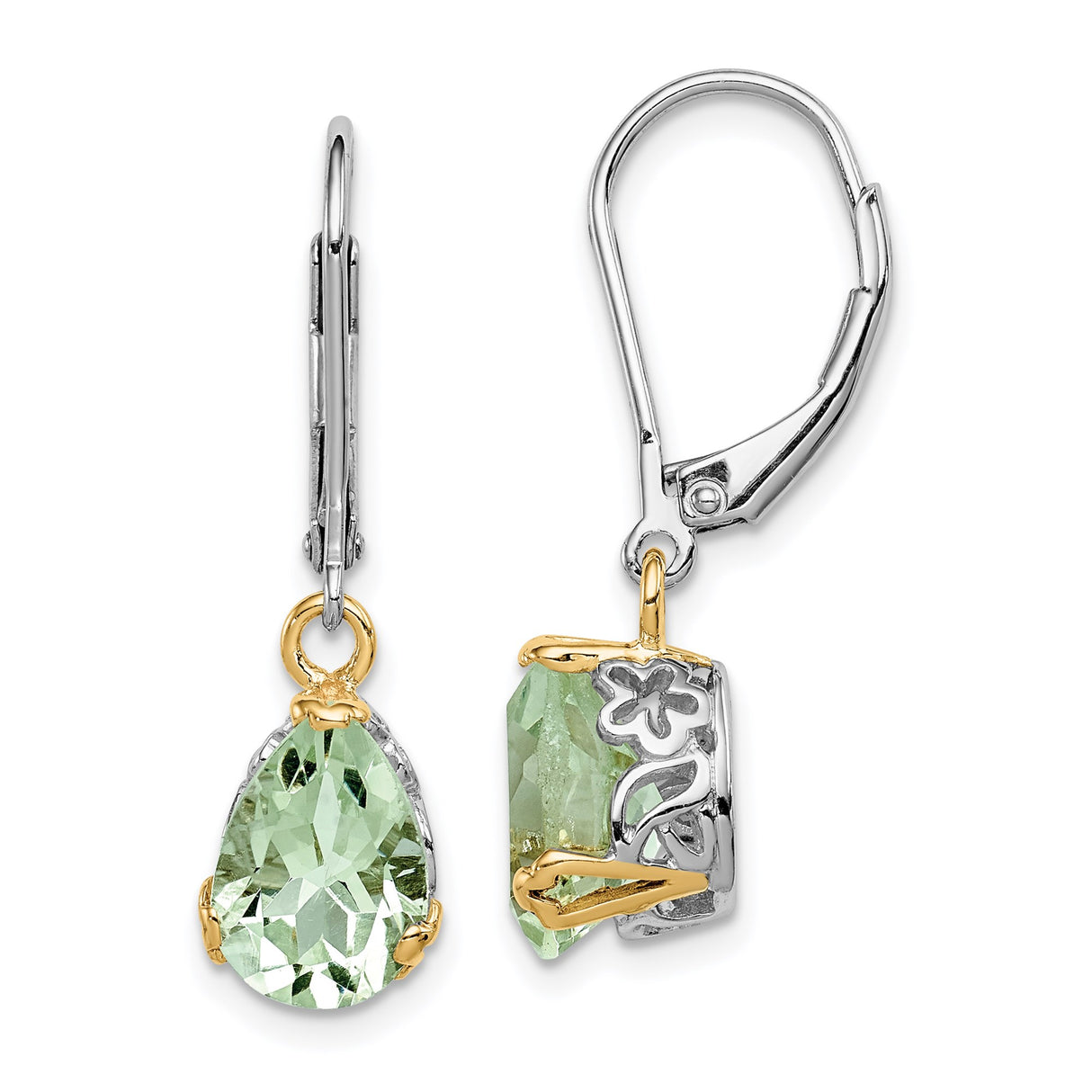Sterling Silver Drop Earrings with Prasiolite, Floral Filigree Design and Gold Accents
