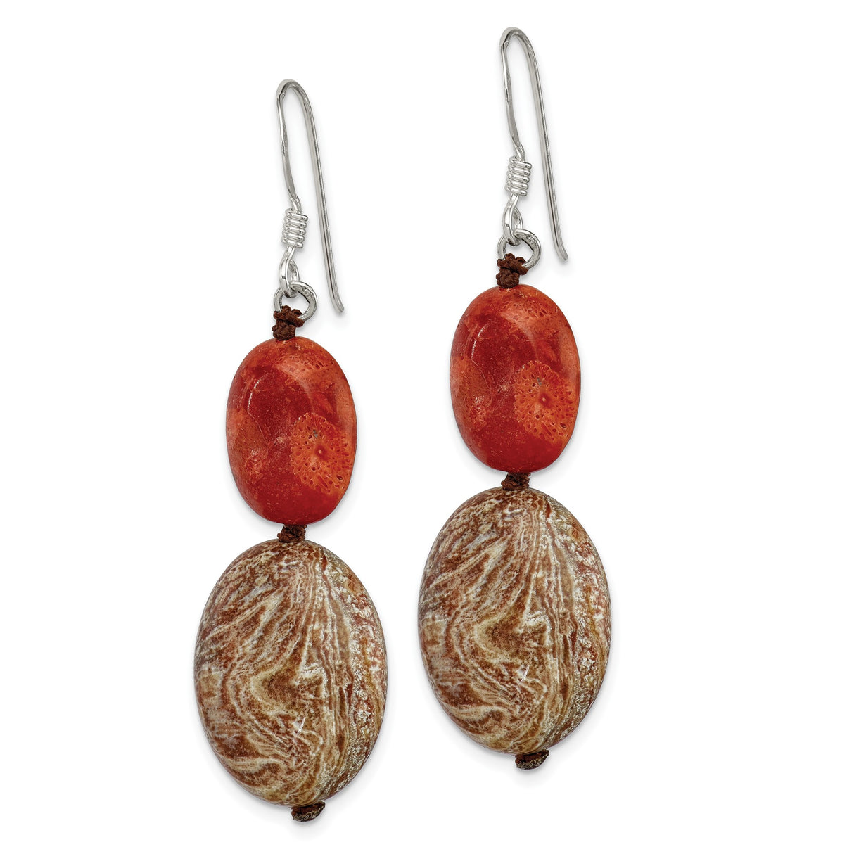 Sterling Silver Dangle Earrings with Jasper and Coral, Boho Tribal Style for Women