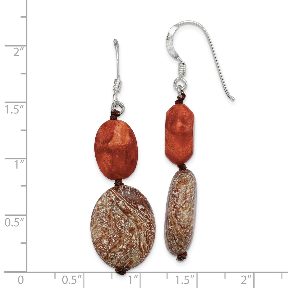 Sterling Silver Dangle Earrings with Jasper and Coral, Boho Tribal Style for Women