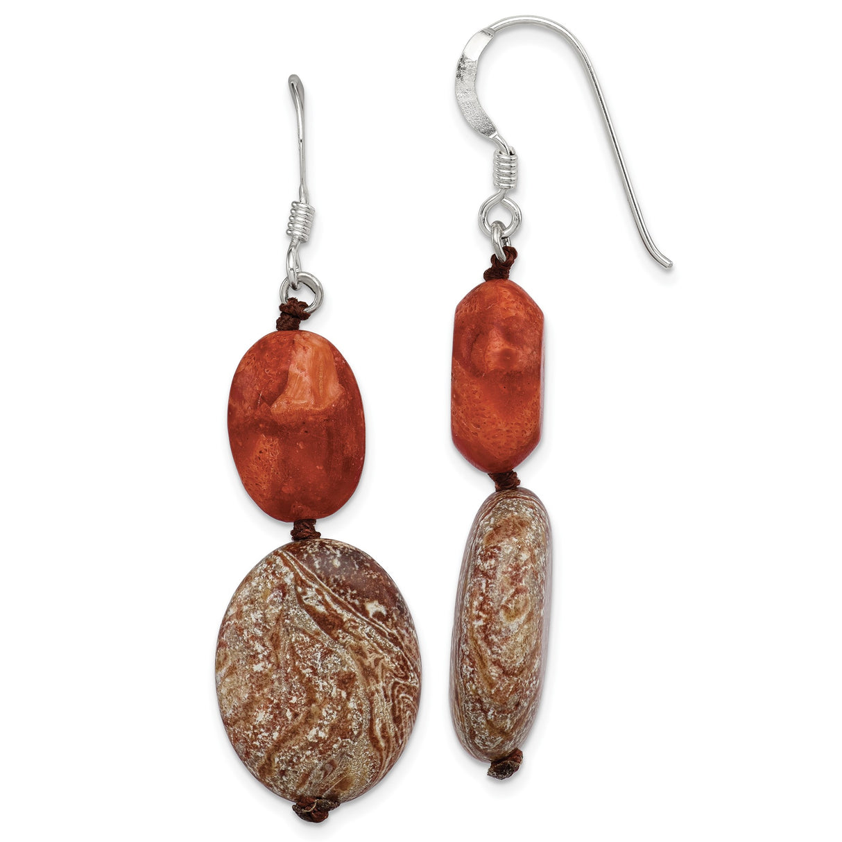 Sterling Silver Dangle Earrings with Jasper and Coral, Boho Tribal Style for Women