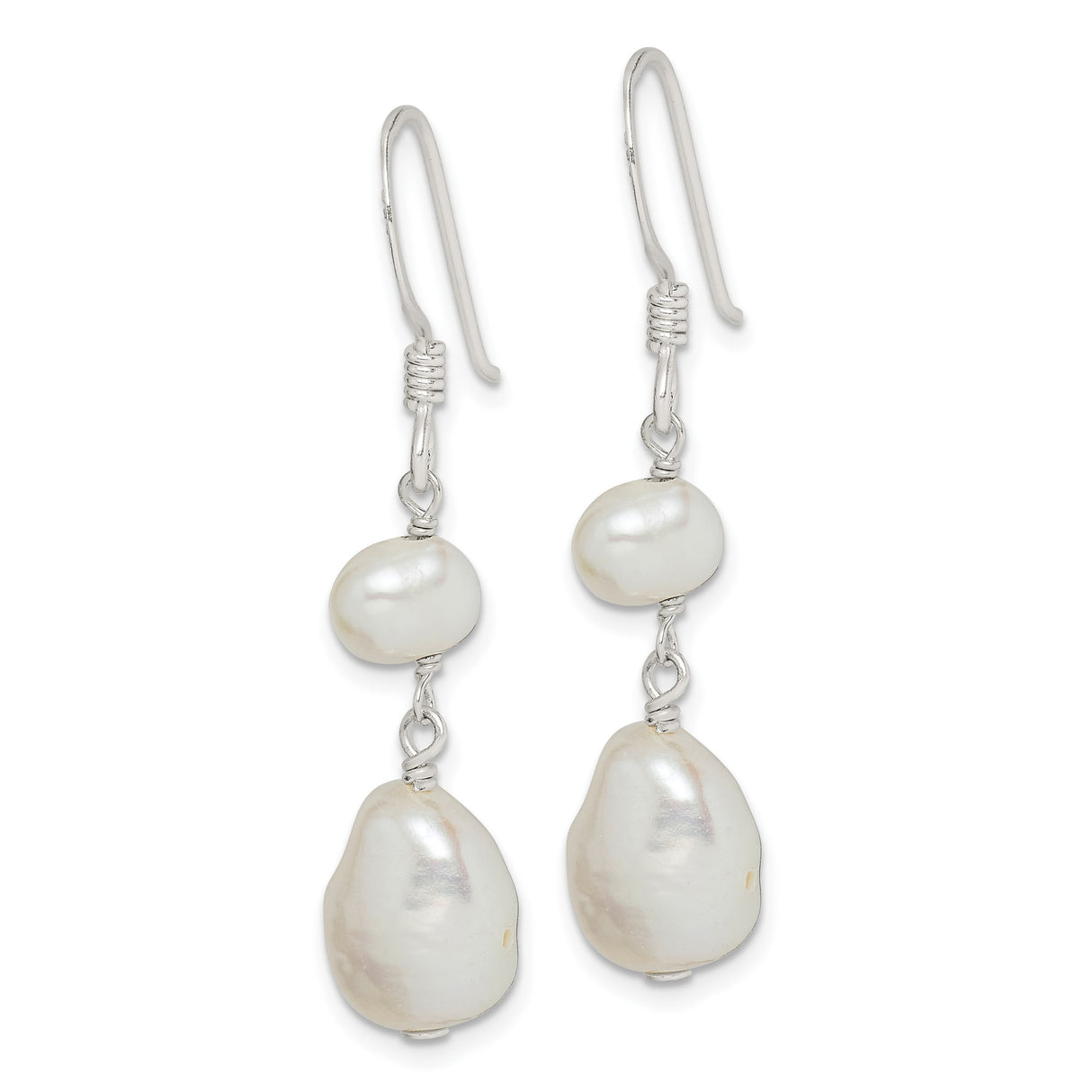 Sterling Silver Dangle Earrings with Natural White Freshwater Pearls, Baroque Drop Style