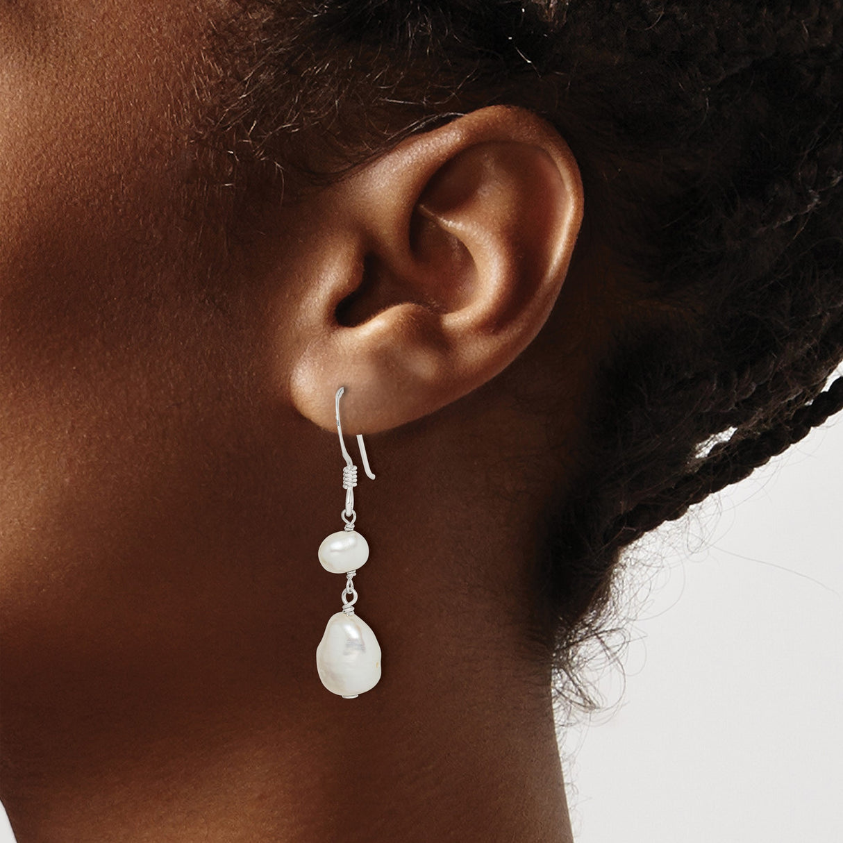 Sterling Silver Dangle Earrings with Natural White Freshwater Pearls, Baroque Drop Style