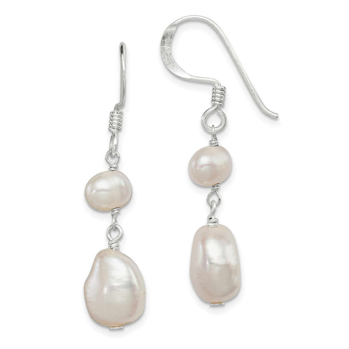 Sterling Silver Dangle Earrings with Natural White Freshwater Pearls, Baroque Drop Style
