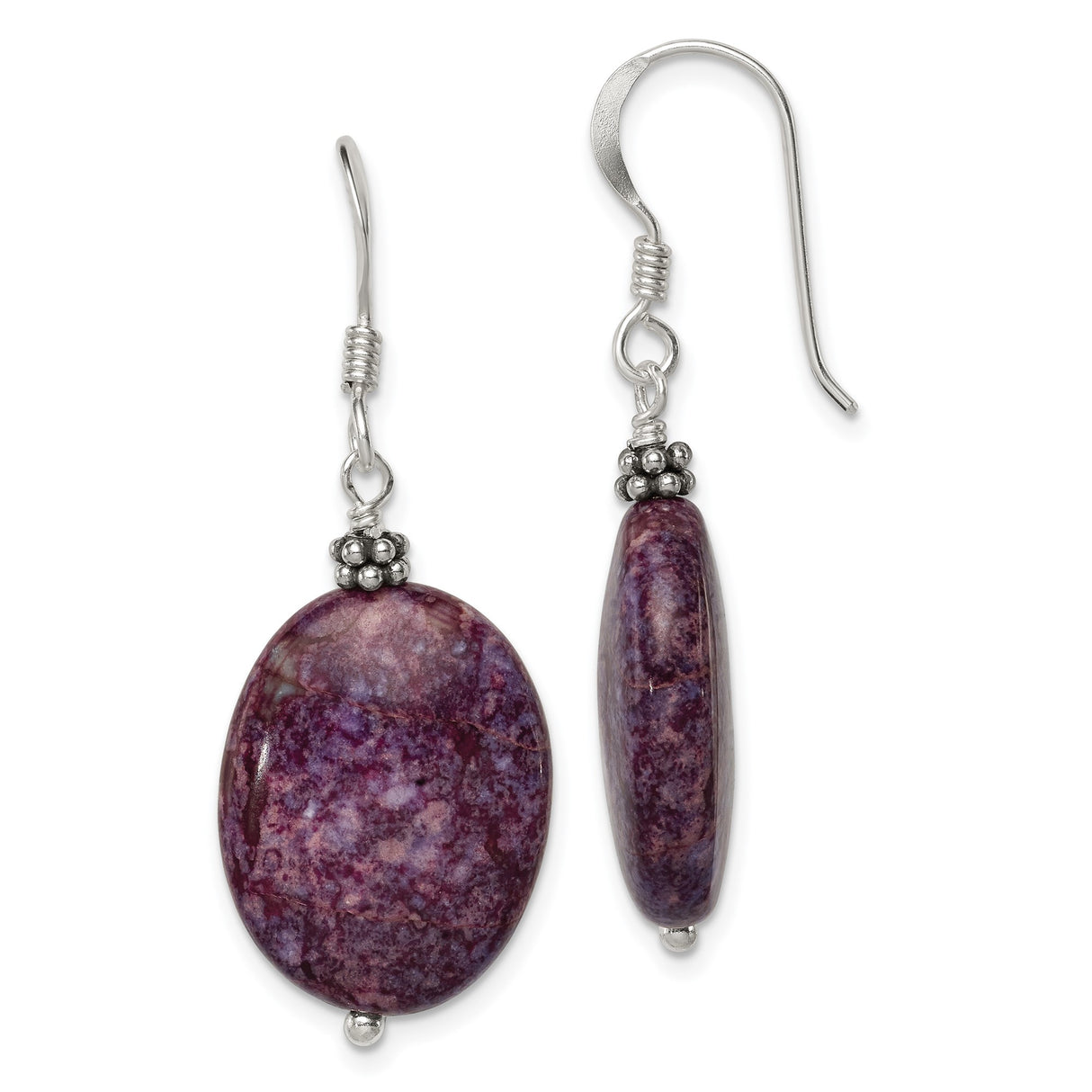 Sterling Silver Drop Earrings with Charoite, Floral Accents, Boho Chic Style for Women