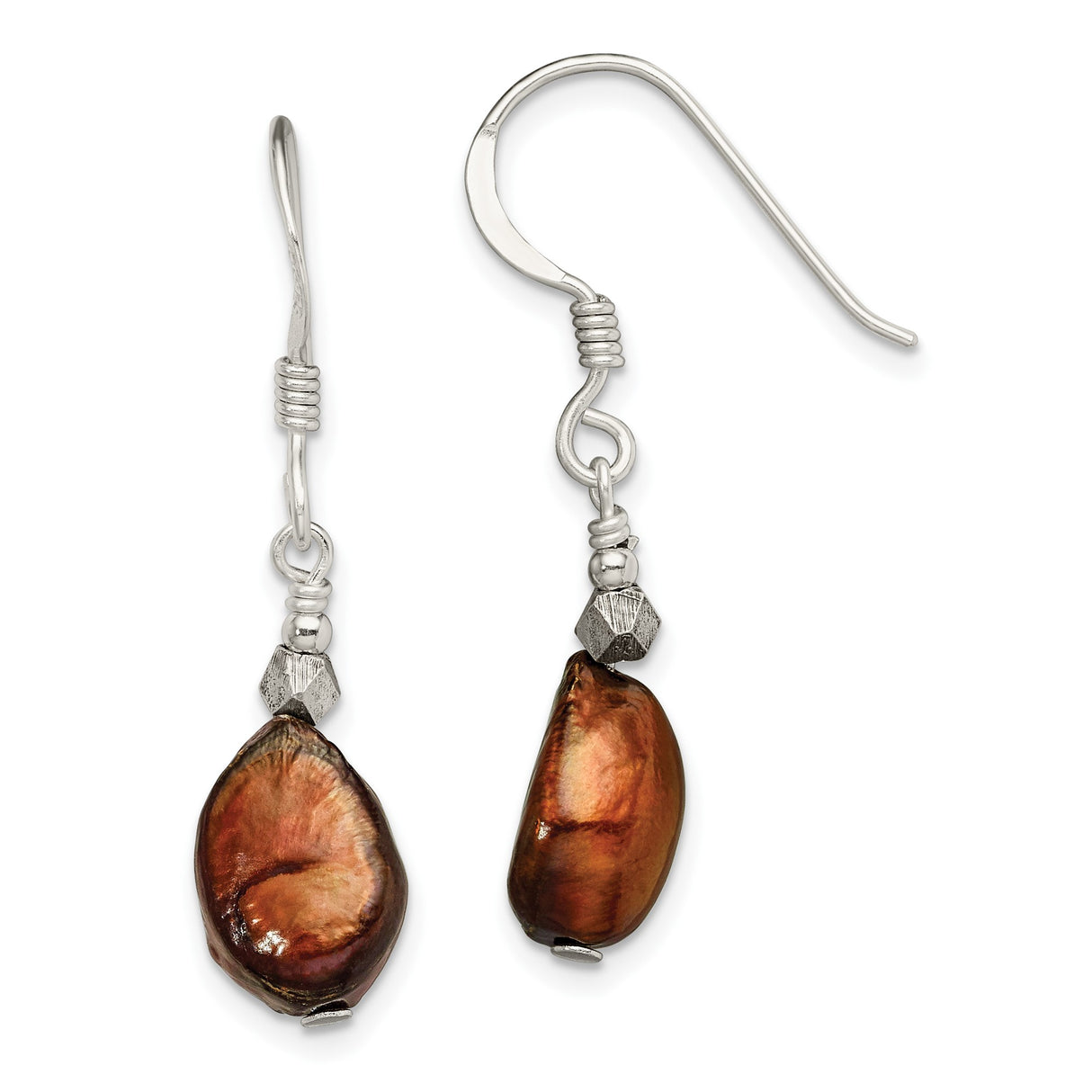 Sterling Silver Dangle Earrings with Irregular Brown Freshwater Pearls, Boho Artisan Style