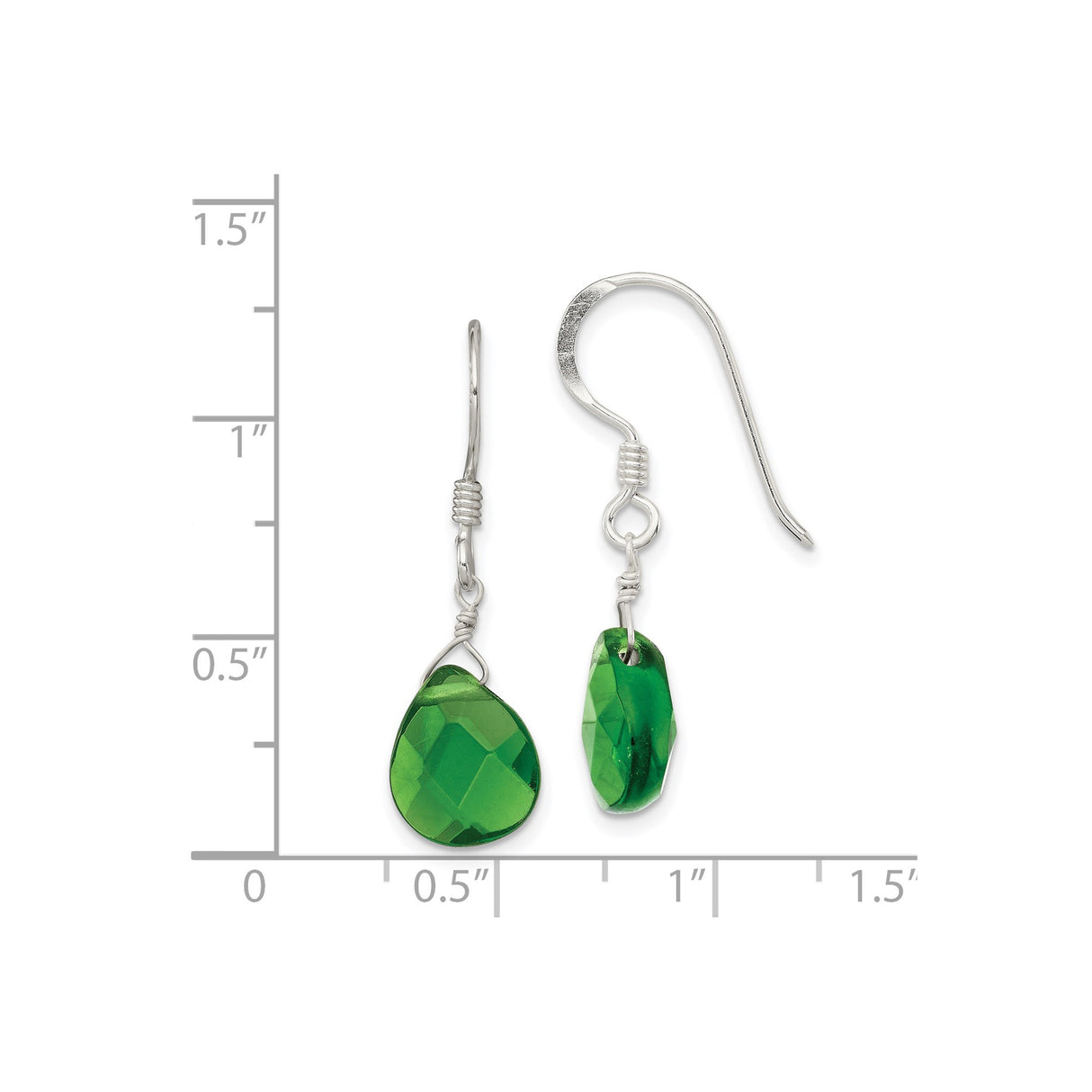 Sterling Silver Dangle Earrings with Faceted Green Teardrop Crystal, Lightweight Drop Design