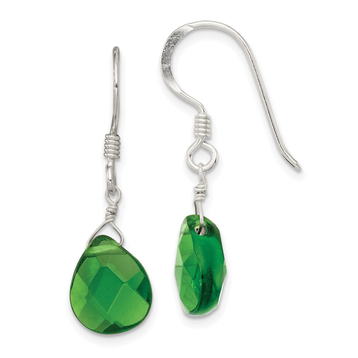 Sterling Silver Dangle Earrings with Faceted Green Teardrop Crystal, Lightweight Drop Design
