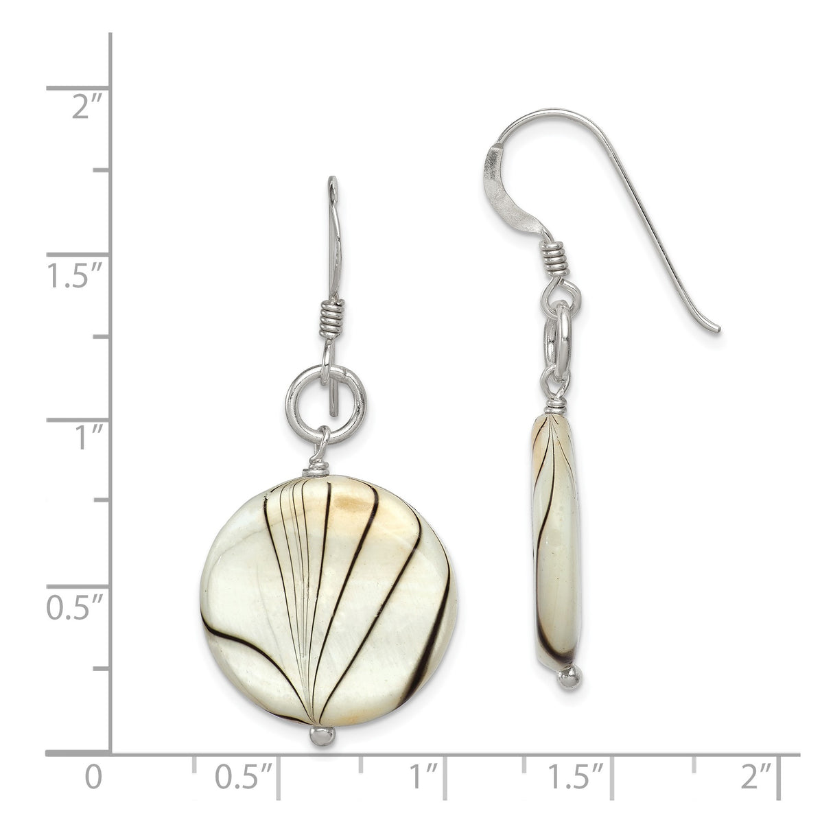 Sterling Silver Drop Earrings with Mother of Pearl Discs, Swirl Design, Boho Coastal Style