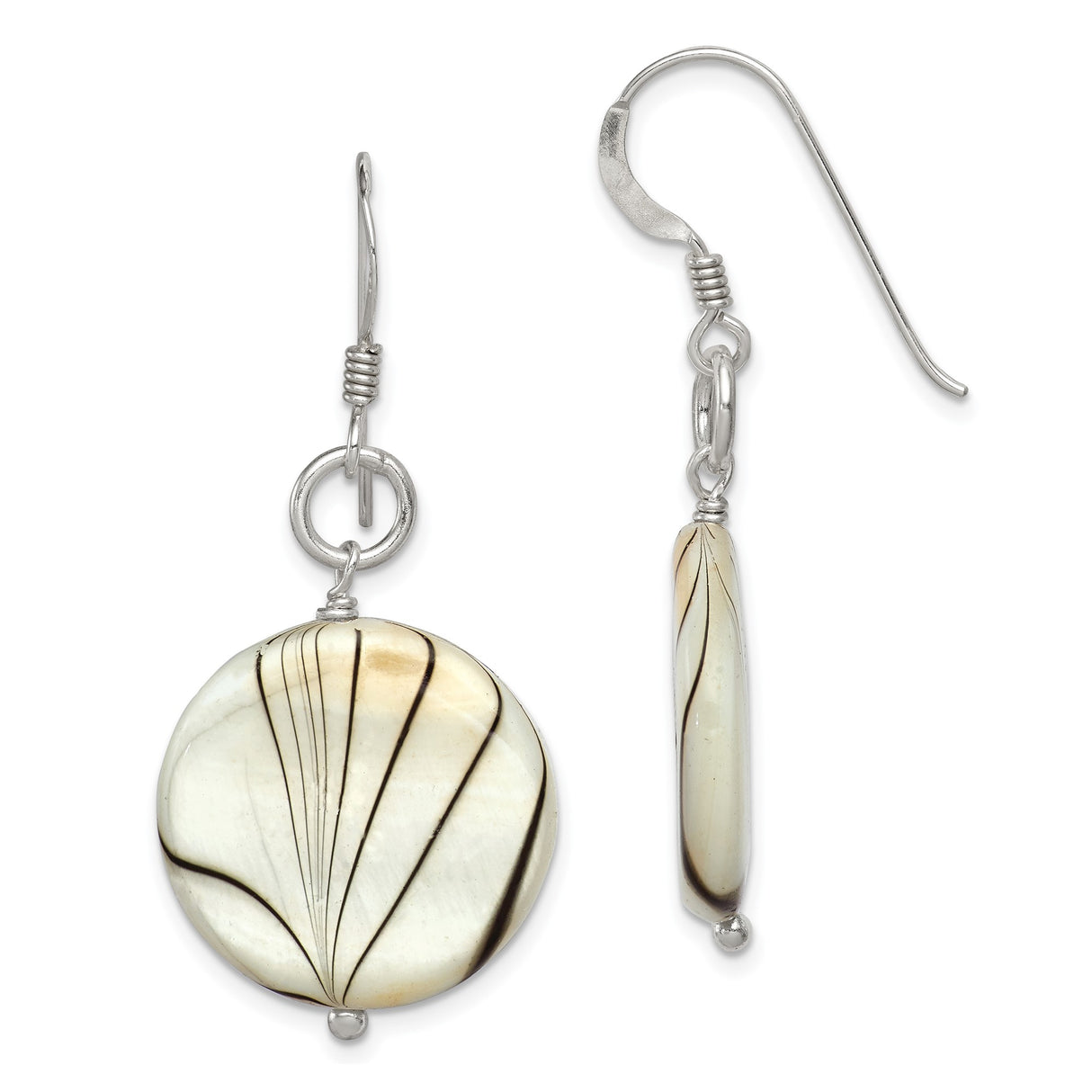 Sterling Silver Drop Earrings with Mother of Pearl Discs, Swirl Design, Boho Coastal Style