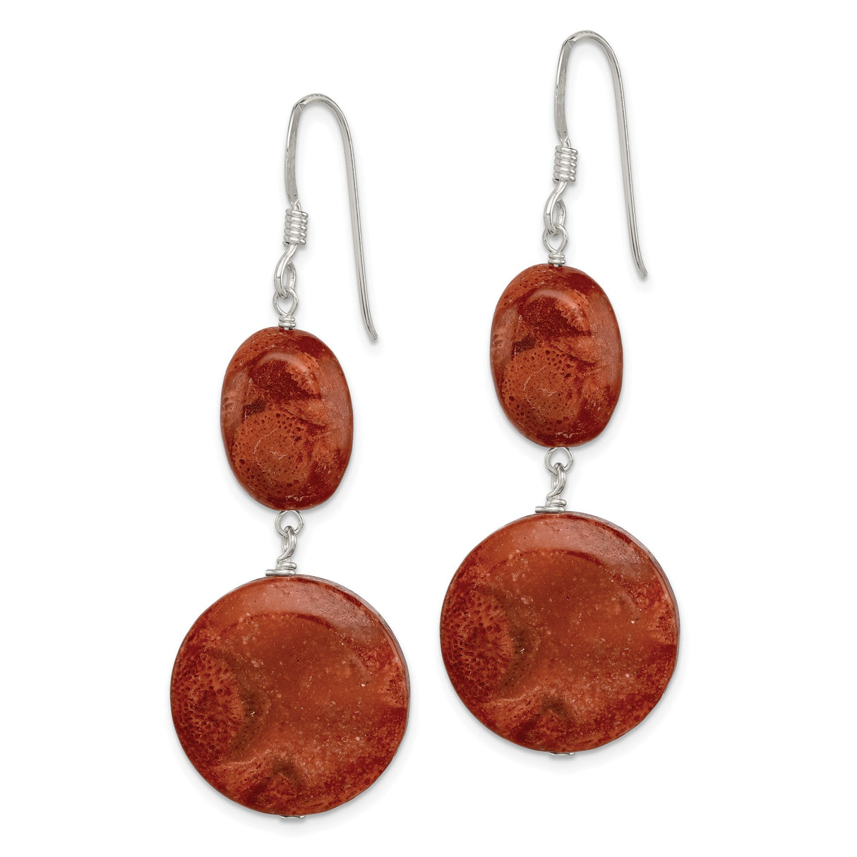 Sterling Silver Dangle Earrings with Red Sponge Coral Beads, Boho Handmade Drop Design