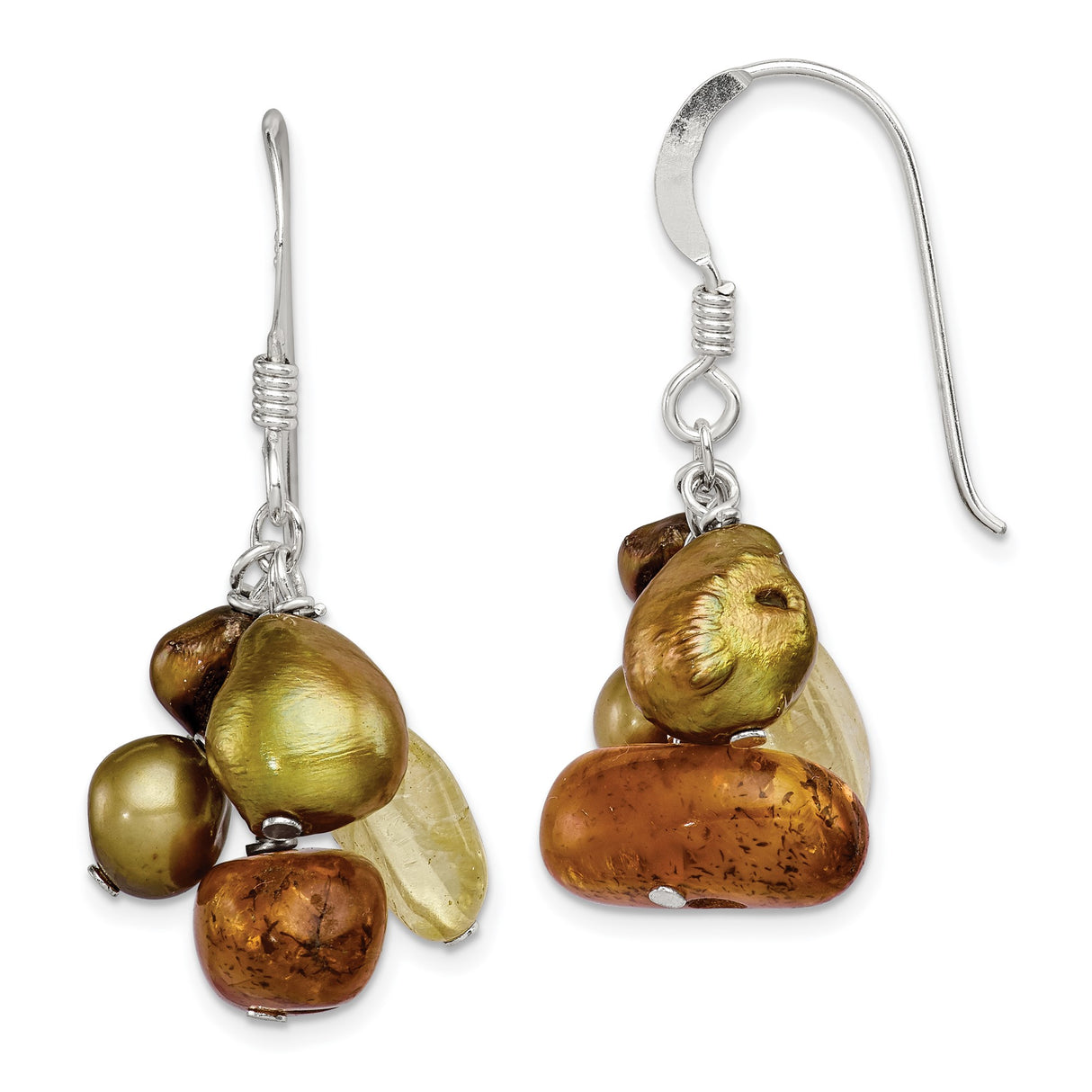 Sterling Silver Dangle Earrings with Freshwater Pearls and Citrine, Boho Artisan Style
