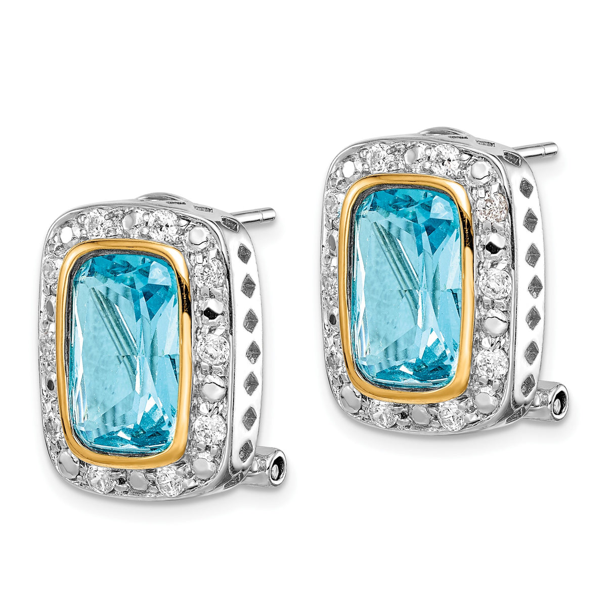 Sterling Silver Dangle Earrings with Blue Rectangular Cubic Zirconia, Two-Tone Omega Back Design