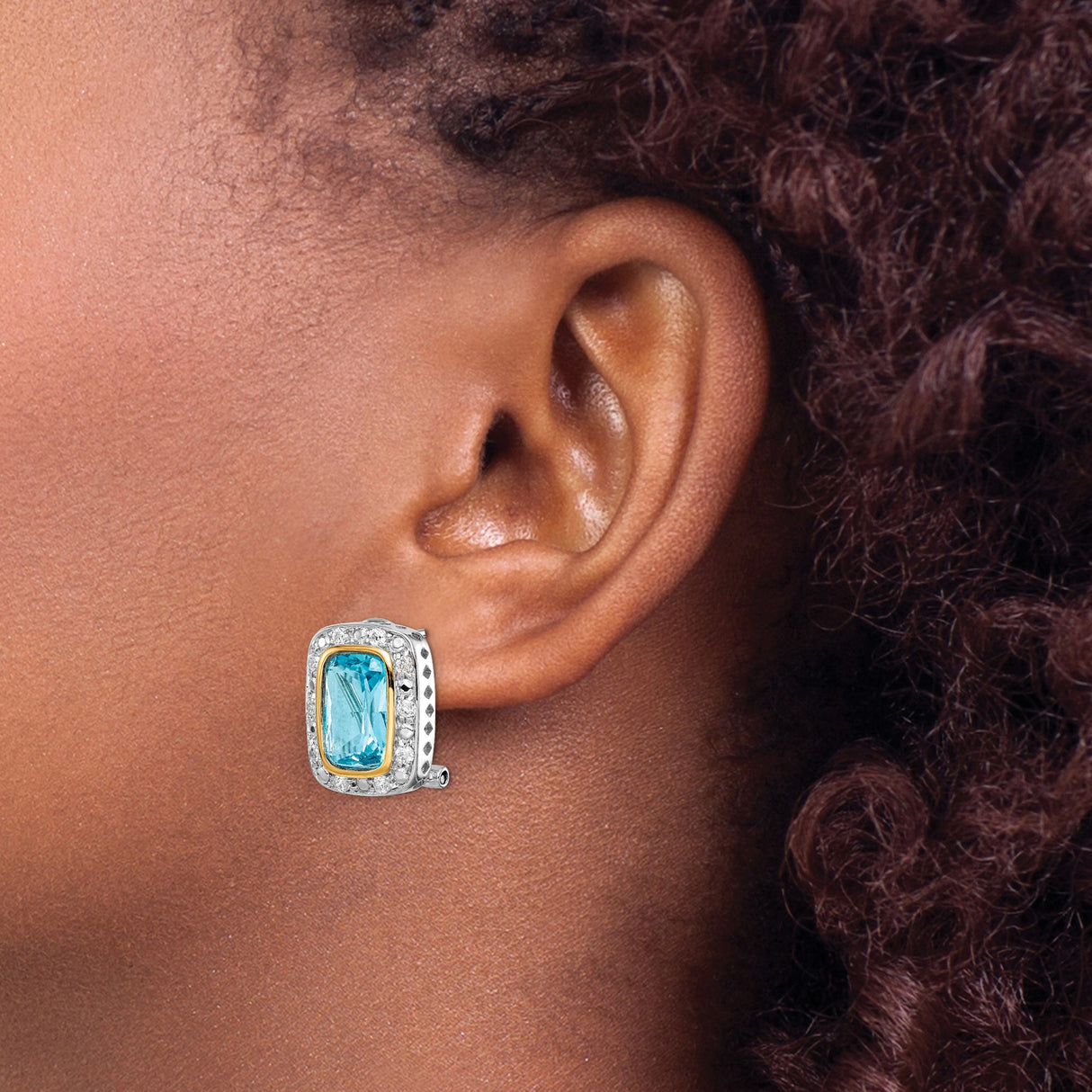 Sterling Silver Dangle Earrings with Blue Rectangular Cubic Zirconia, Two-Tone Omega Back Design