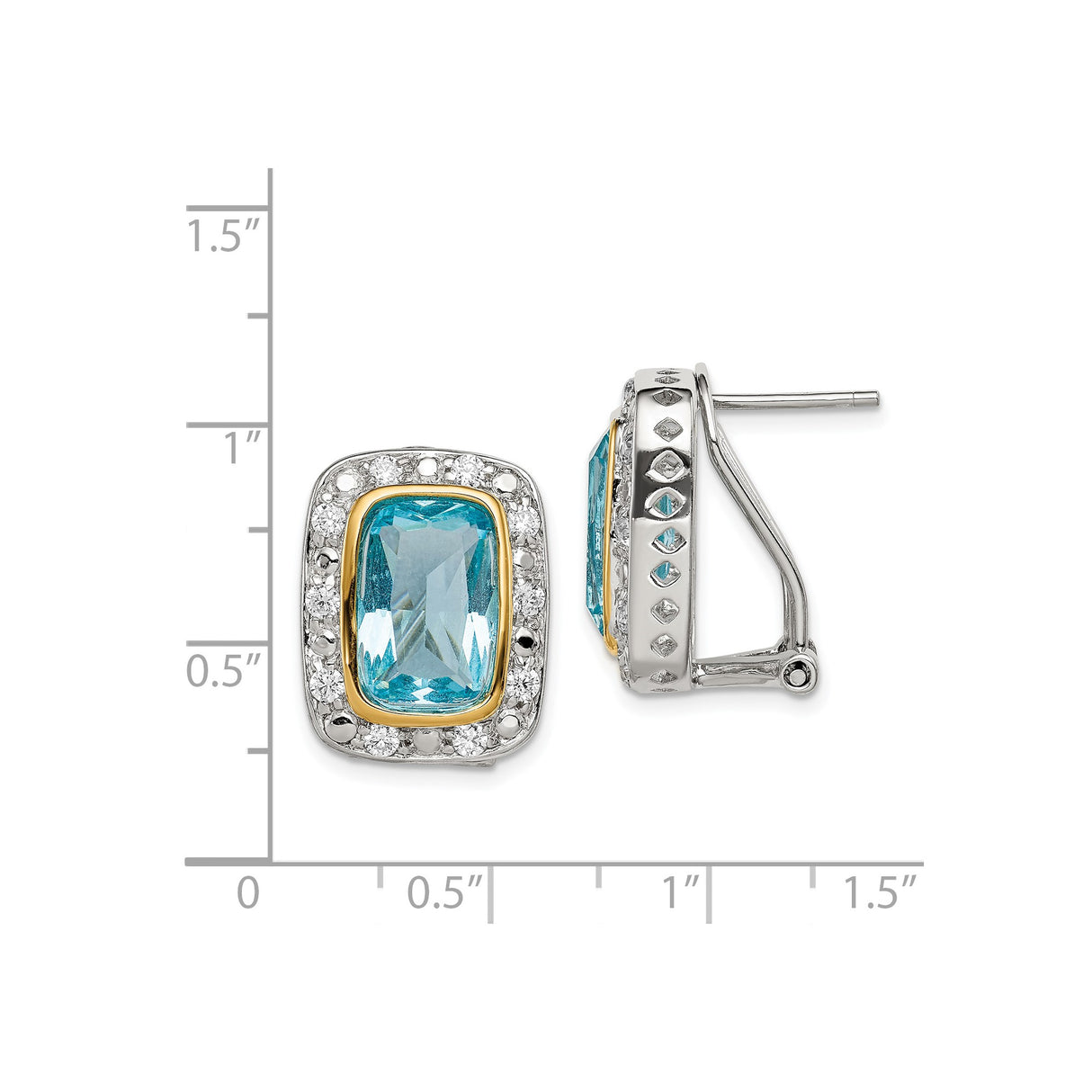 Sterling Silver Dangle Earrings with Blue Rectangular Cubic Zirconia, Two-Tone Omega Back Design