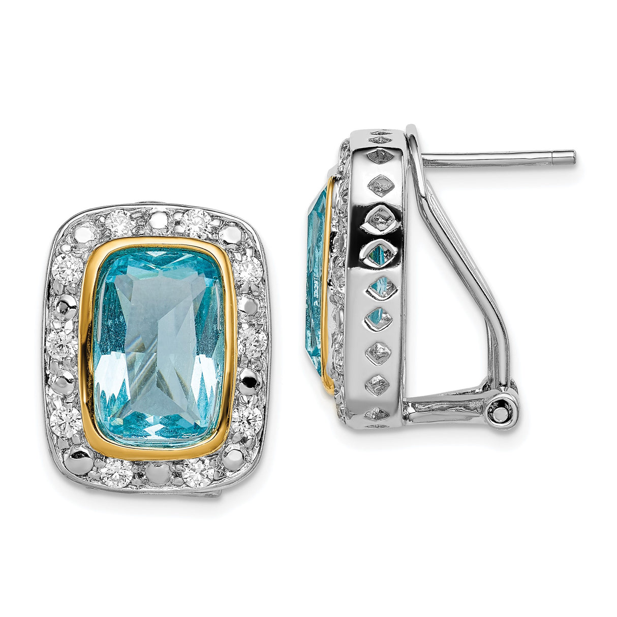 Sterling Silver Dangle Earrings with Blue Rectangular Cubic Zirconia, Two-Tone Omega Back Design