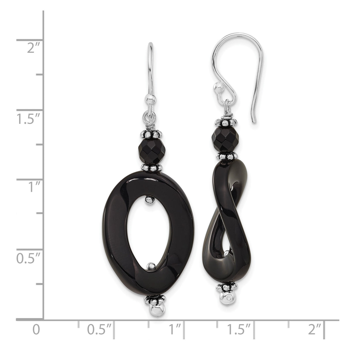 Sterling Silver Dangle Earrings with Onyx, Twist and Oval Drop, Asymmetrical Modern Style for Women