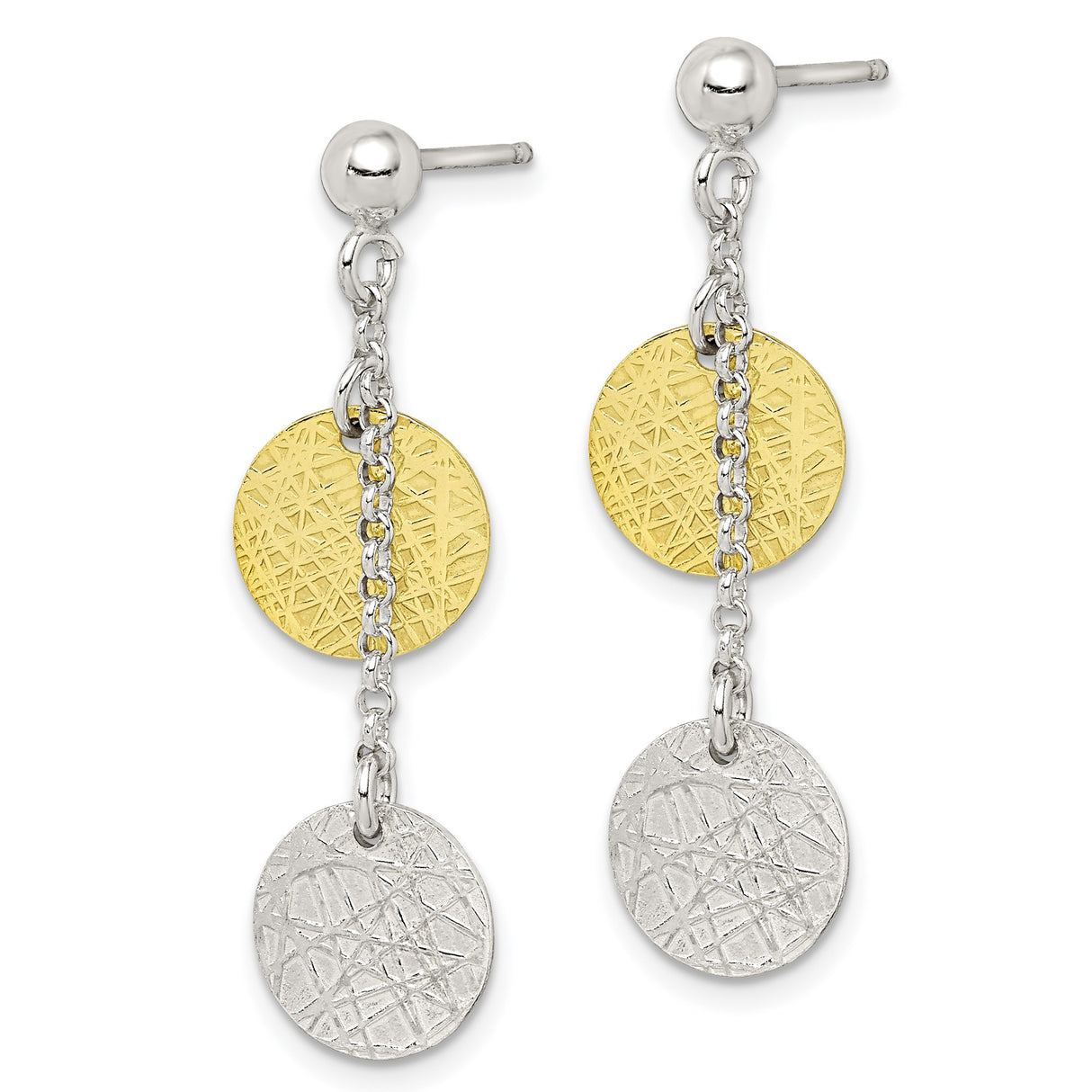 Sterling Silver Dangle Earrings with Textured Round Disc Charms, Two Tone Abstract Design