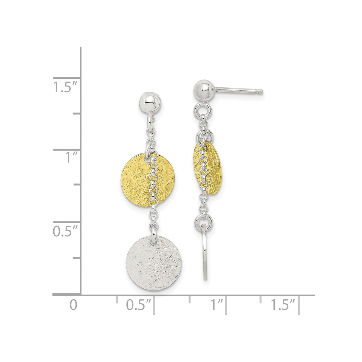Sterling Silver Dangle Earrings with Textured Round Disc Charms, Two Tone Abstract Design
