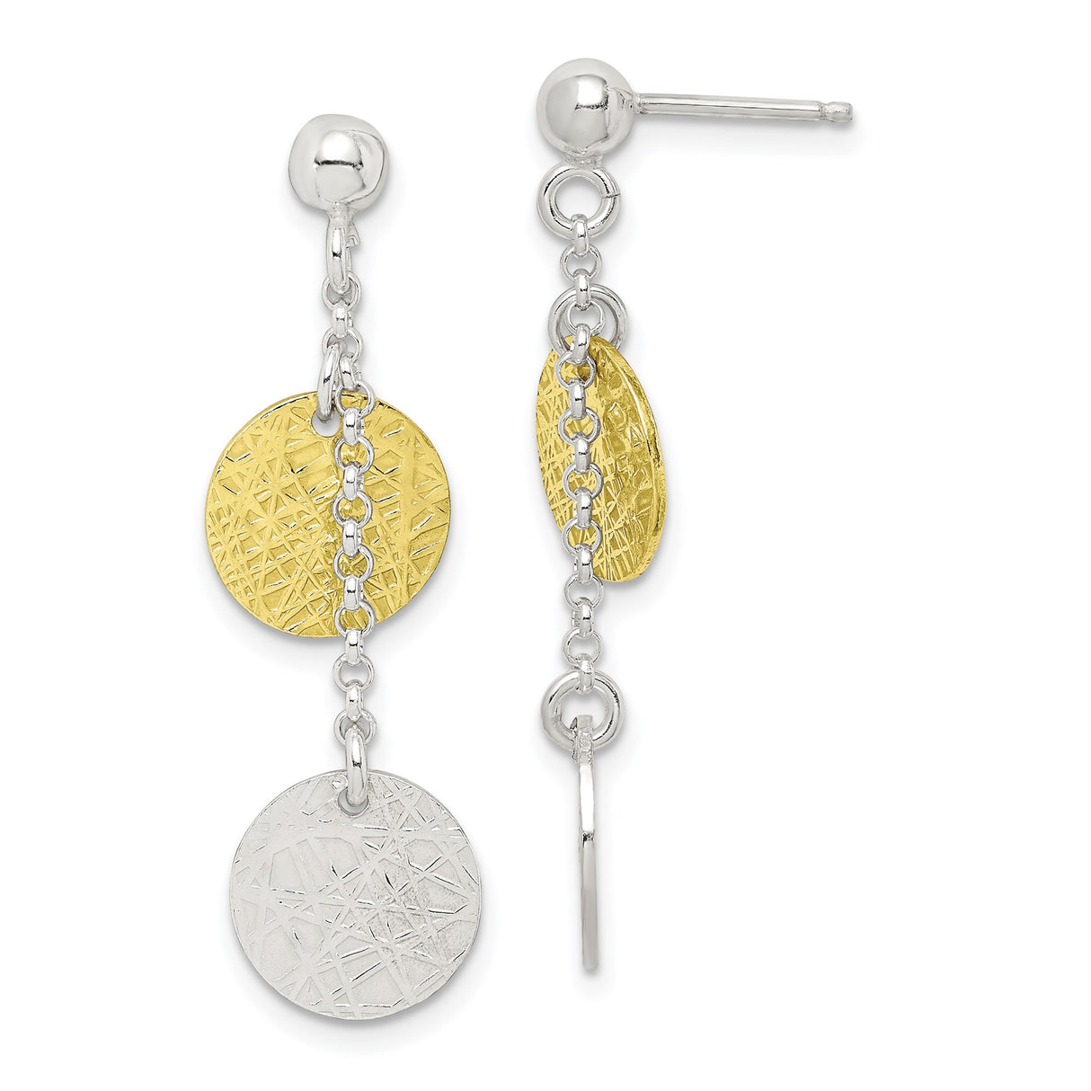 Sterling Silver Dangle Earrings with Textured Round Disc Charms, Two Tone Abstract Design