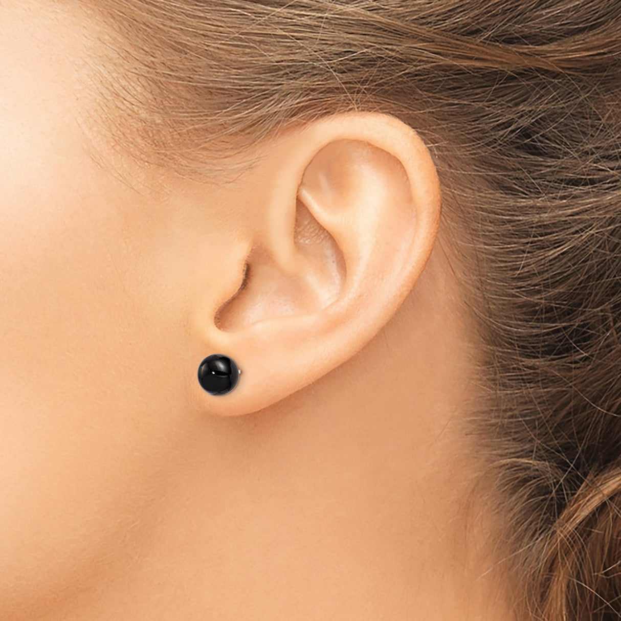 Sterling Silver Stud Earrings with Black Agate, Round Cabochon, Minimalist Design for Women