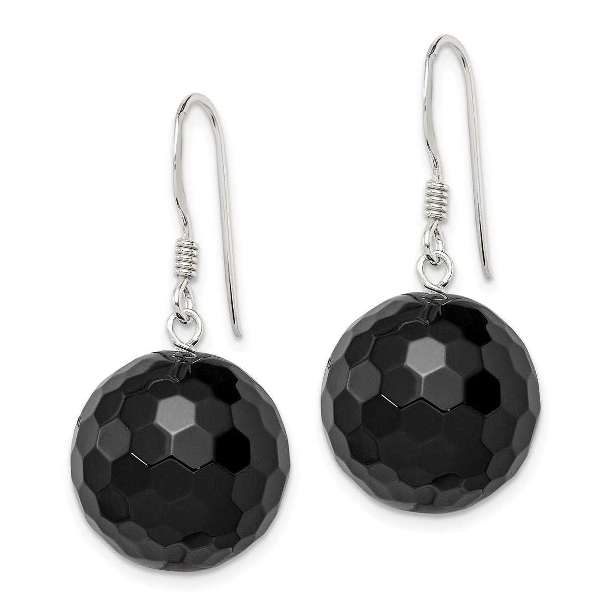Sterling Silver Drop Earrings with Faceted Black Onyx, Long Geometric Dangle Design