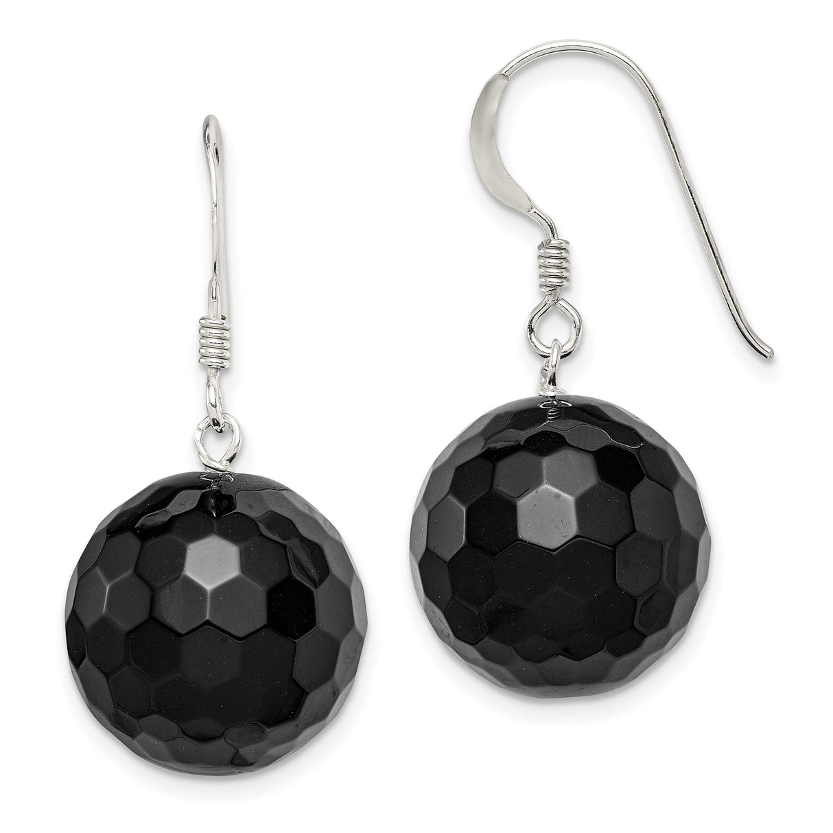 Sterling Silver Drop Earrings with Faceted Black Onyx, Long Geometric Dangle Design