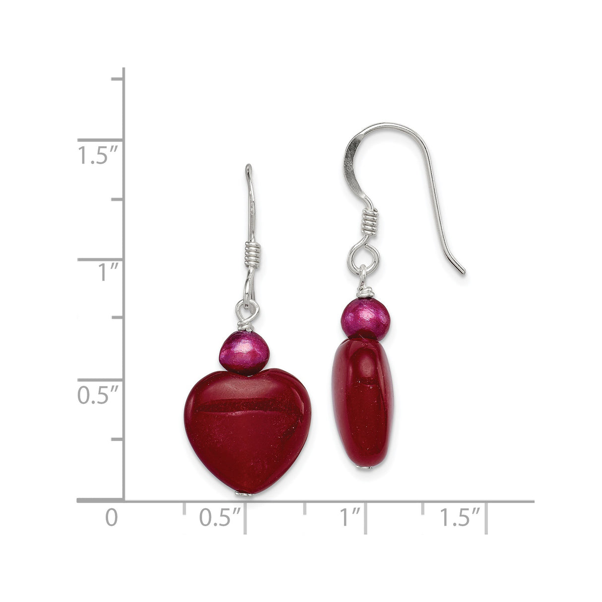 Sterling Silver Dangle Earrings with Jade, Pearl, Red Heart Beads and Romantic Pink Accents