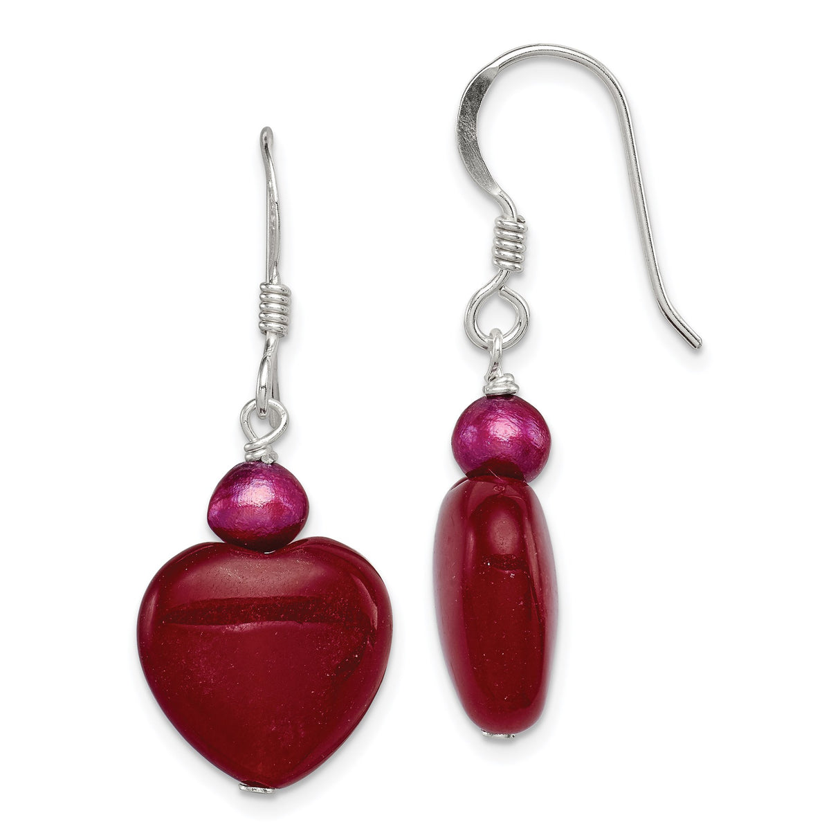 Sterling Silver Dangle Earrings with Jade, Pearl, Red Heart Beads and Romantic Pink Accents