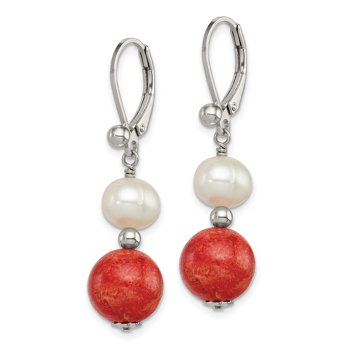 Sterling Silver Drop Earrings with Freshwater Pearls and Red Coral, Boho Style for Women
